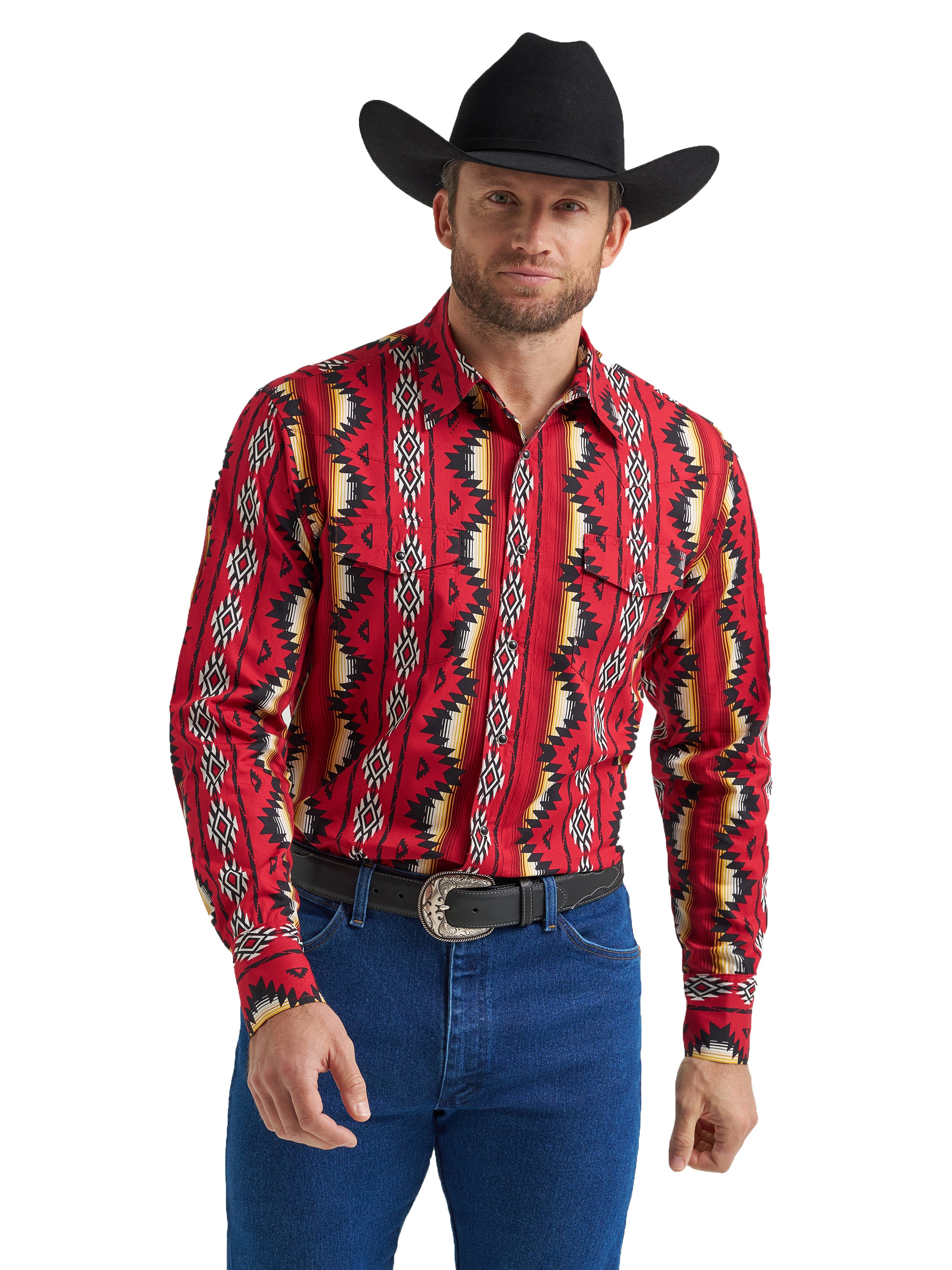Wrangler Firey Red Checotah Print Men's Collared Longsleeve Western Snap Shirt 112369430