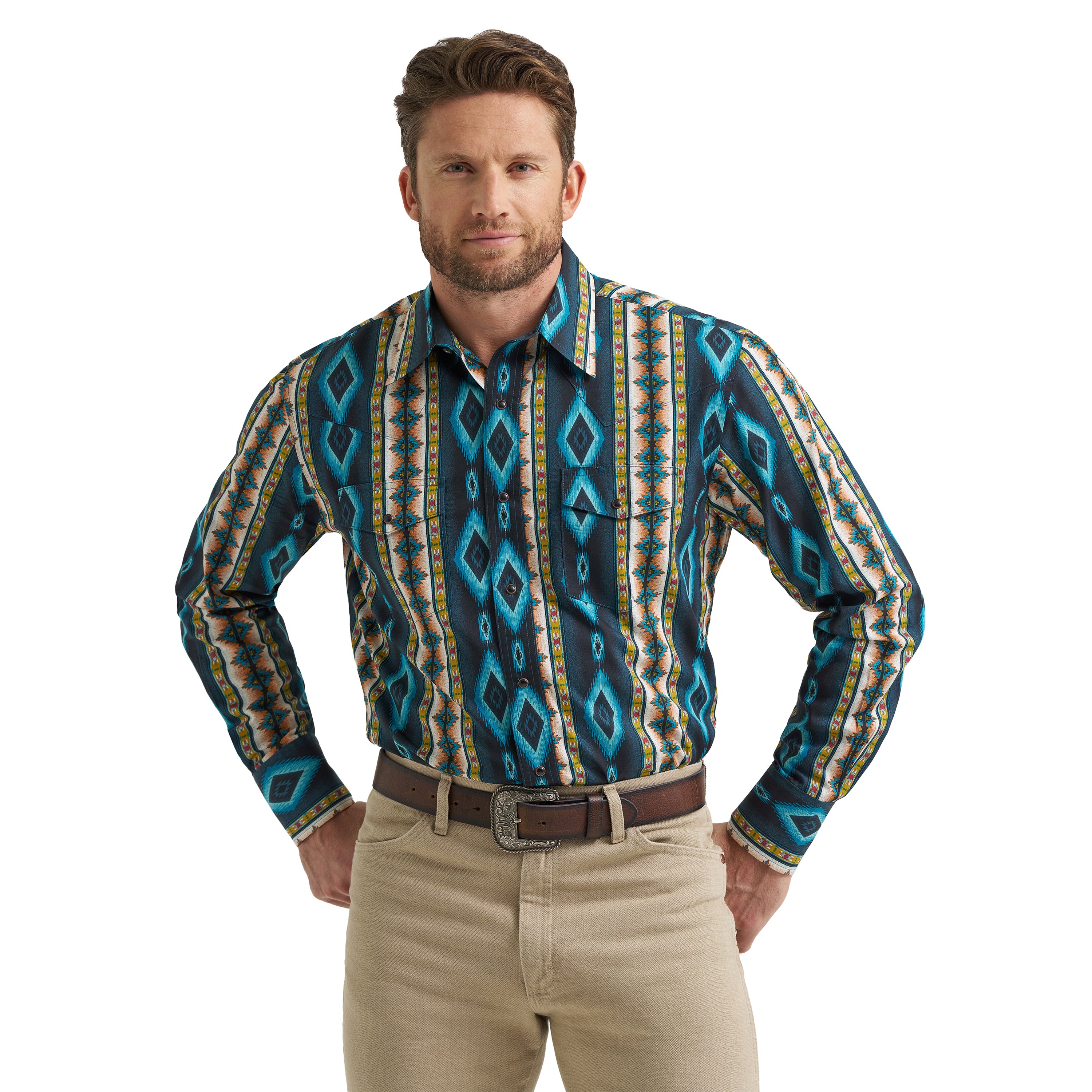 Wrangler Turquoise Belt color Checotah Men's Collared Long Sleeve Men's Western Snap Shirt 112369467