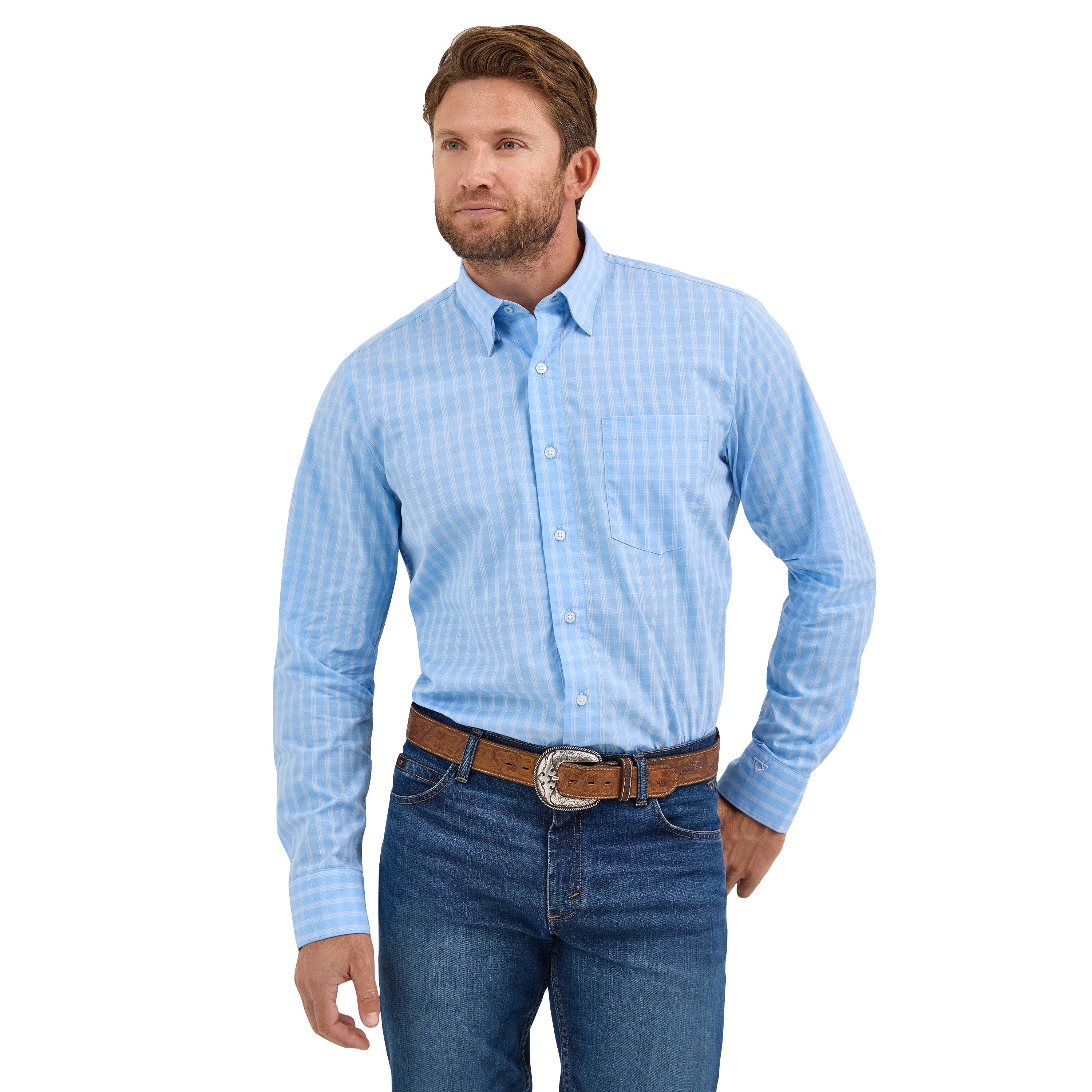 Wrangler X Cody Johnson White/Blue Long Sleeve Classic Fit Men's Shirt 112369517