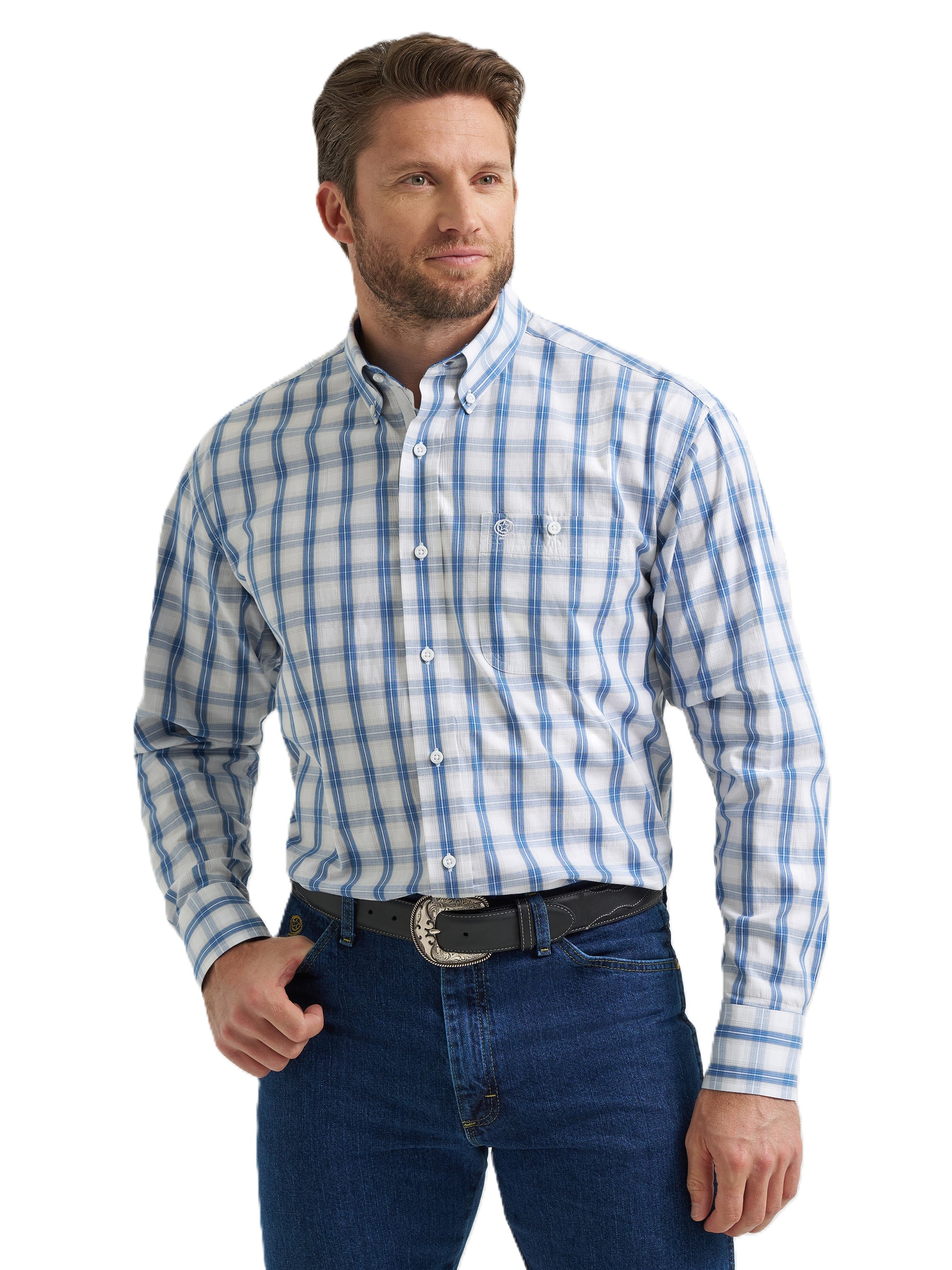 Wrangler White/Blue George Strait Collection One Pocket Men's Long Sleeve Shirt 112369573