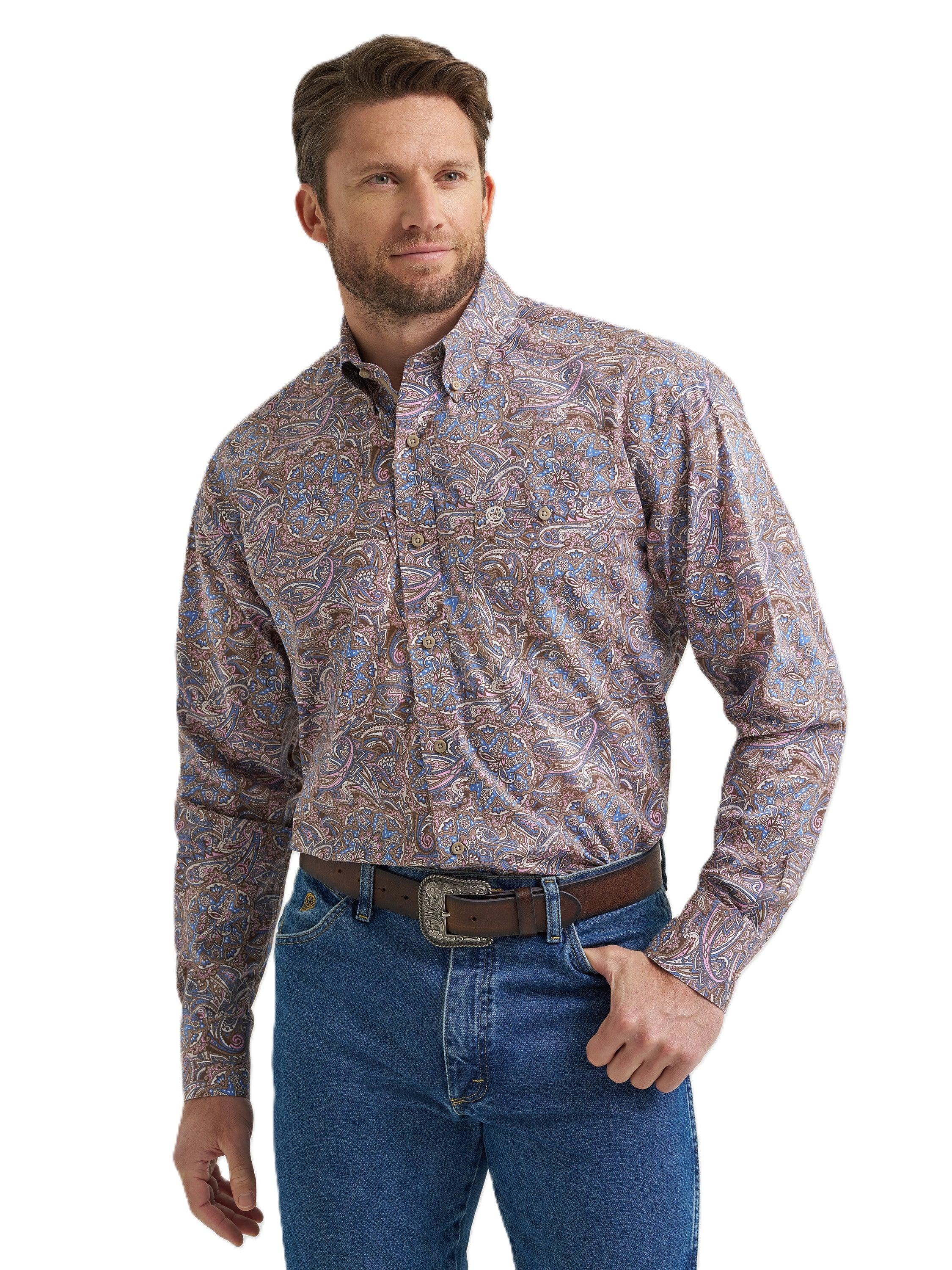 Wrangler George Strait Collection Coffee Multi Men's One Pocket Long Sleeve Shirt 112369578