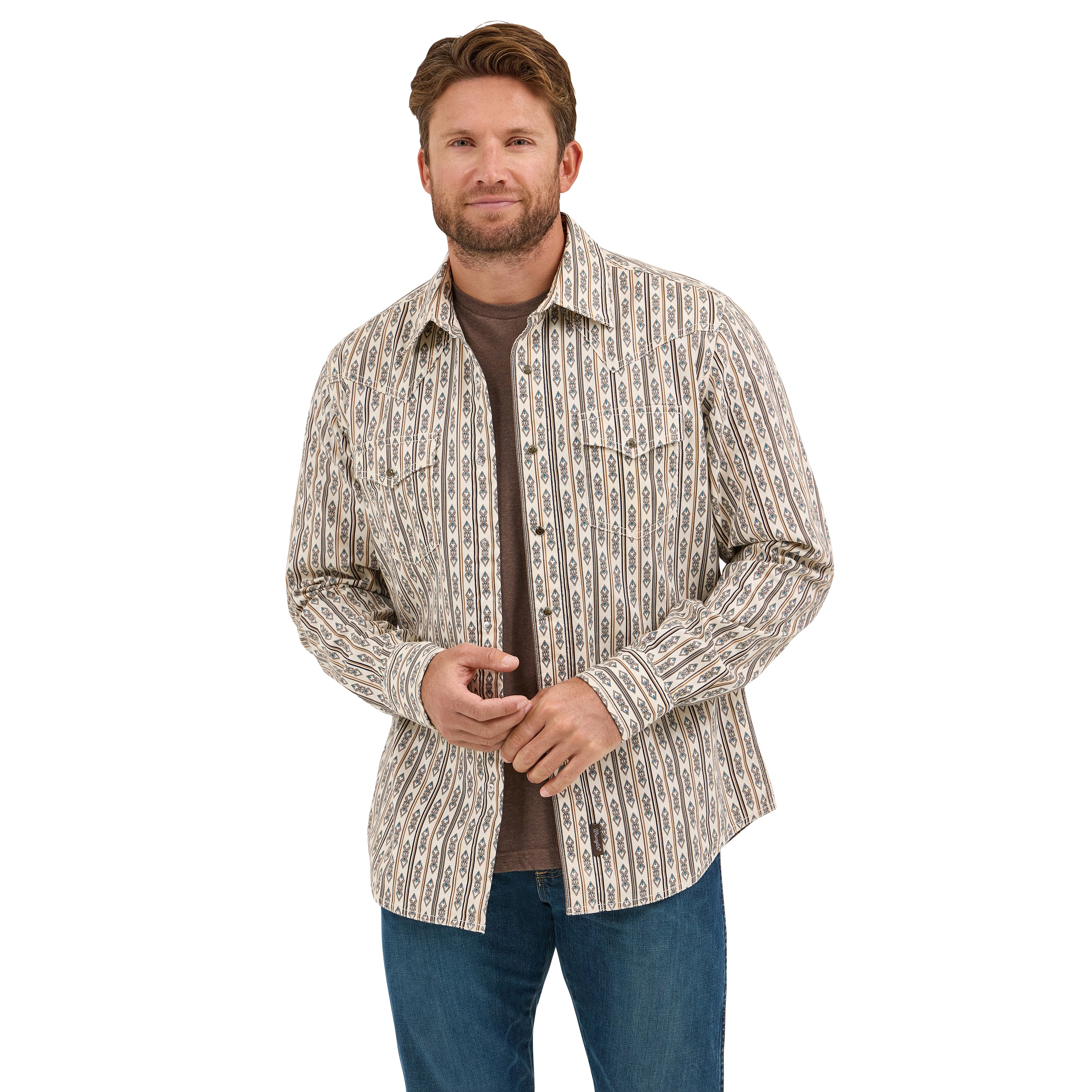 Wrangler Ecru Stripe Printed Retro Premium Men's Collared Longsleeve Snap Shirt 112369843