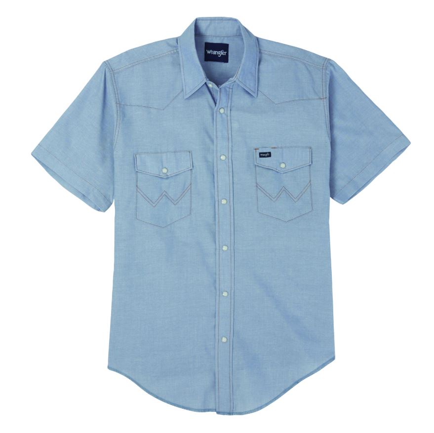 Wrangler Chambray Men's Collared Short Sleeve Snap Shirt in Big and Tall Sizes 112370331