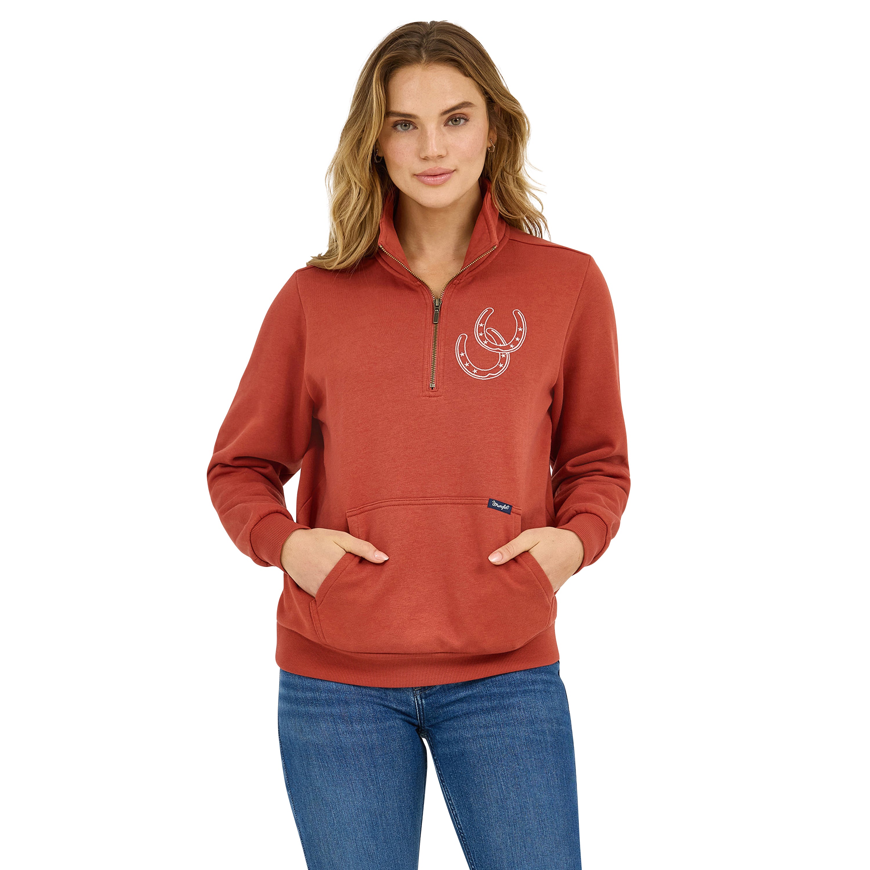 Wangle Rust Wrangler Rust Western Quarter Zip Women's Sweatshirt with Horseshoe Gr