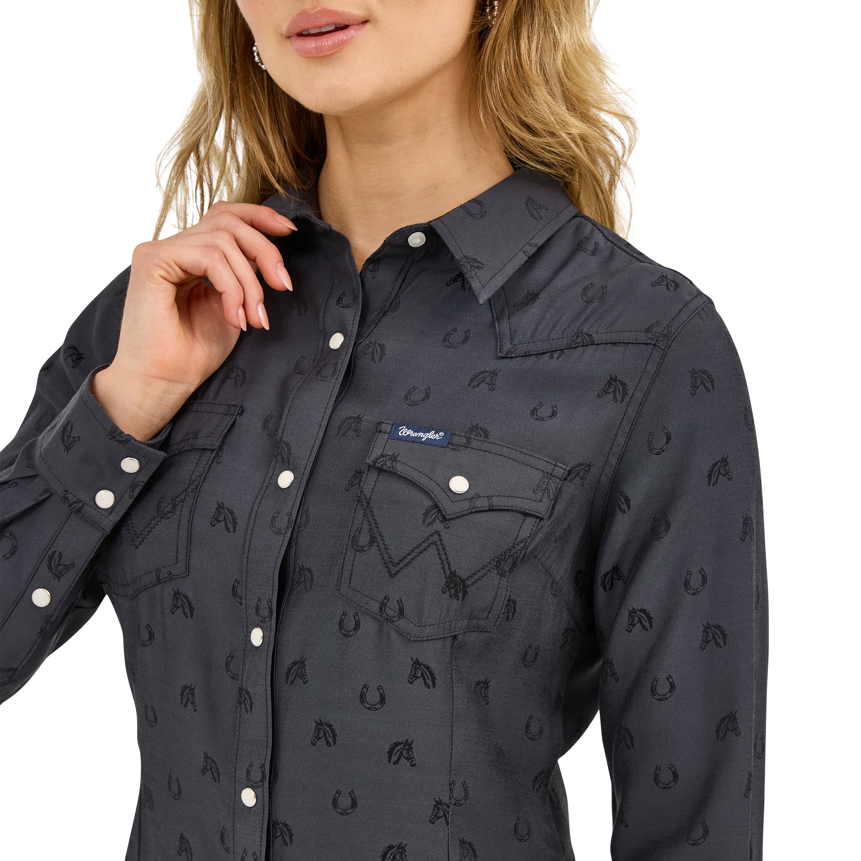 Wrangler Subtle Black Horses All Occasion Women's Collared Longsleeve Shirt 112372429