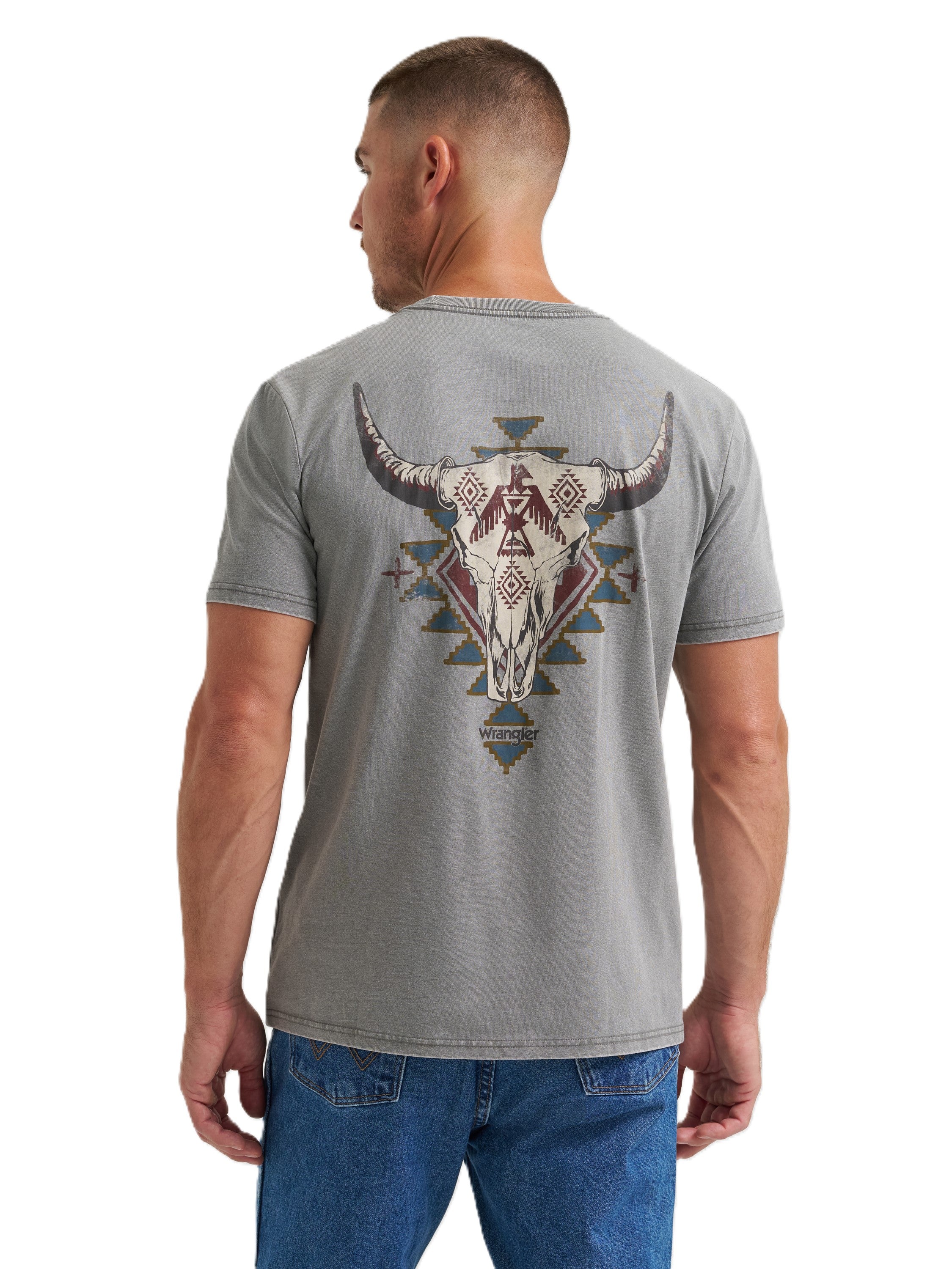 Wrangler Grey Heather Steer Skull Back Graphic Men's Acid Wash Short Sleeve T-Shirt 112372848