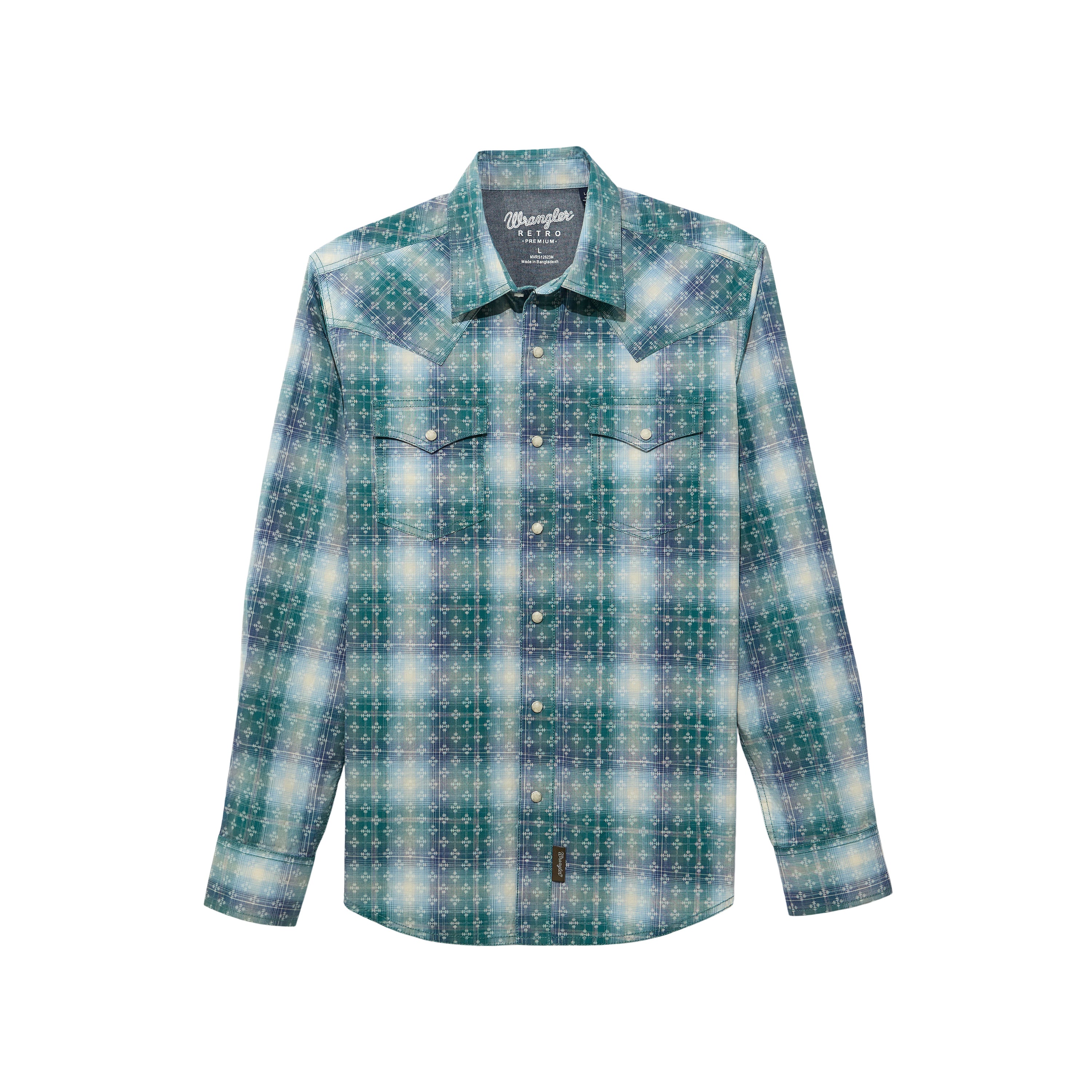 Wrangler Pebbled Blue Retro Premium Men's Long Sleeve Collared Western Snap Plaid Shirt 112374978