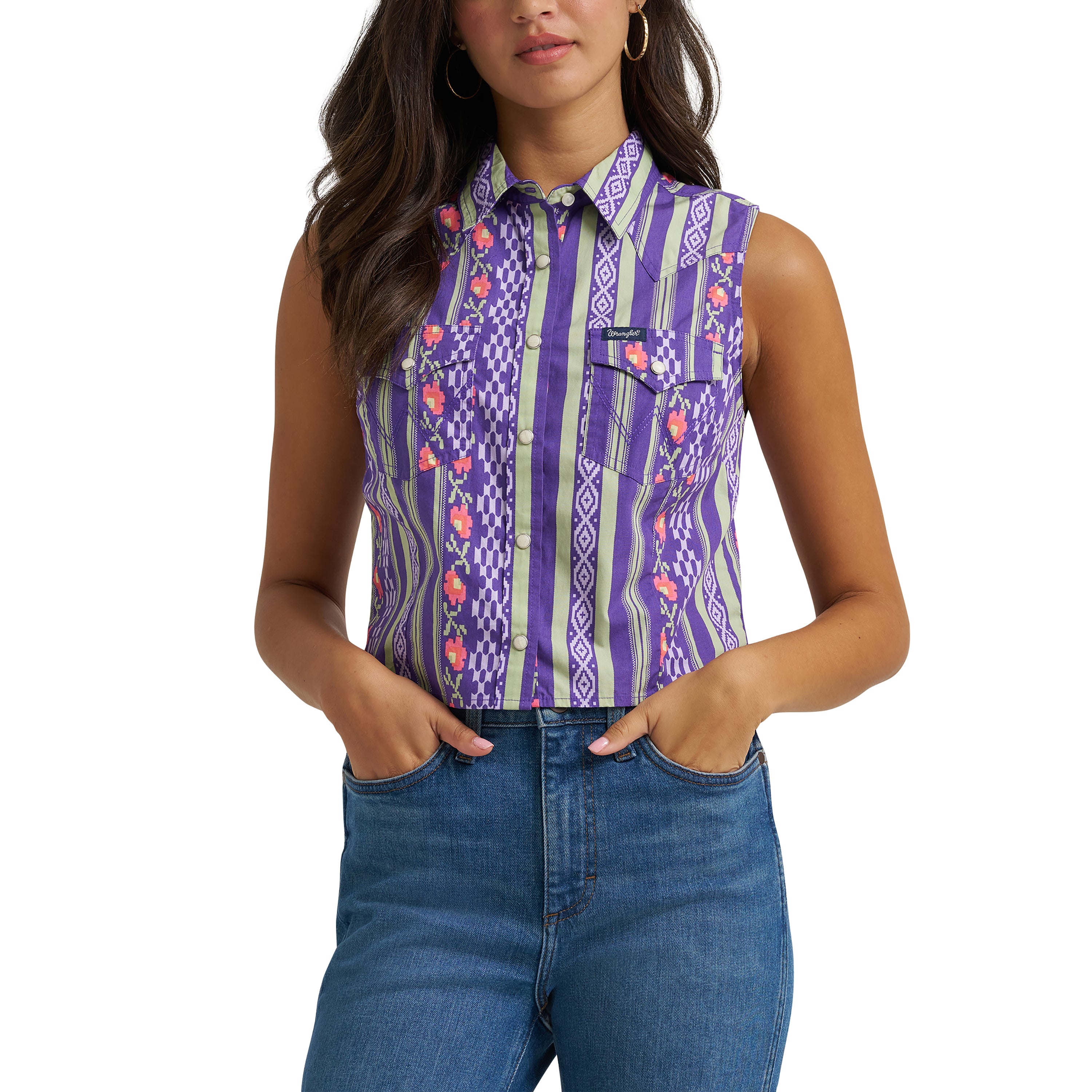 Wrangler Purple Women's Wrangler Sleeveless Checotah Western Snap Shirt 112375054