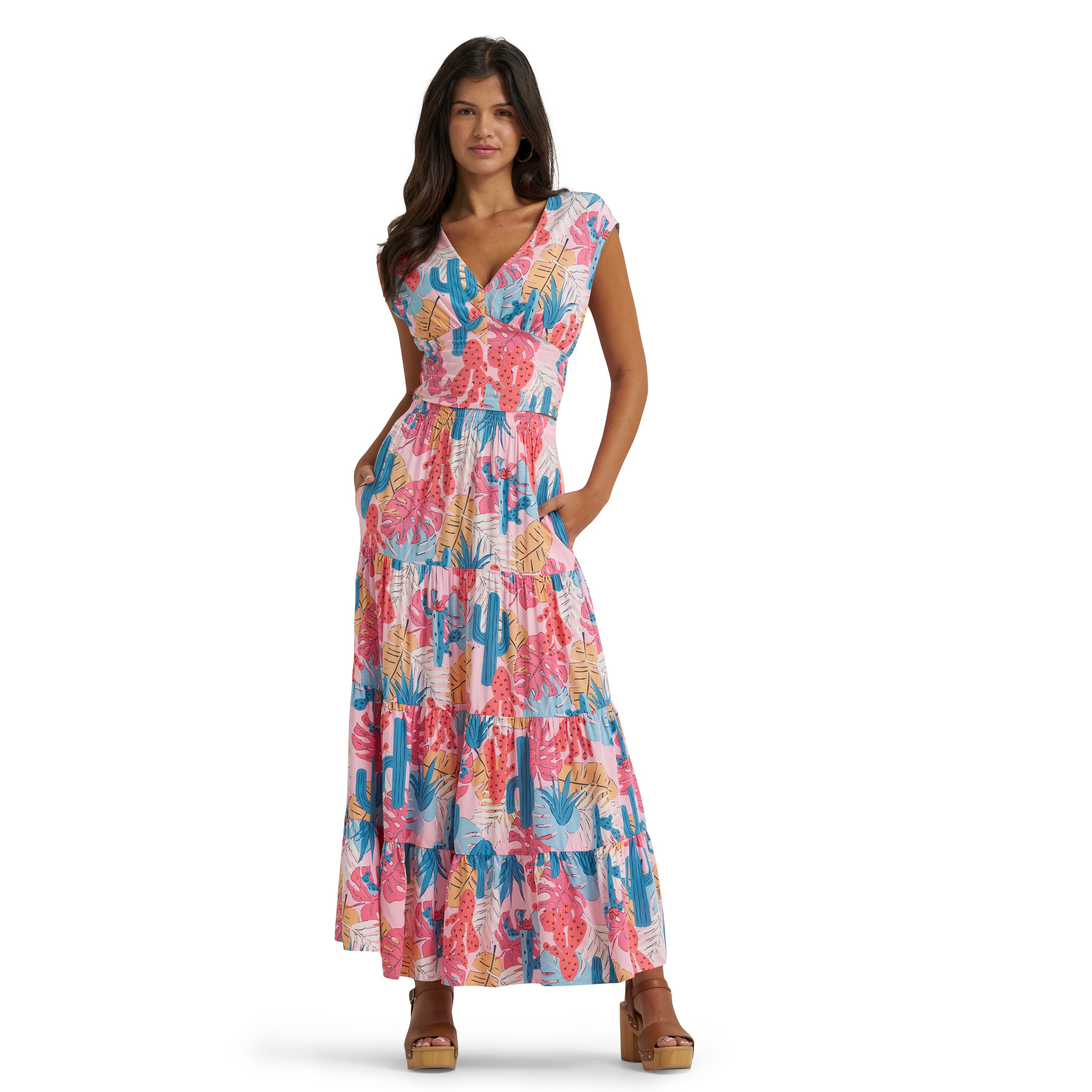 Wrangler Pink Tropical Print Coastal Cowgirl Women's Smocked Crop Printed Blouse 112375224