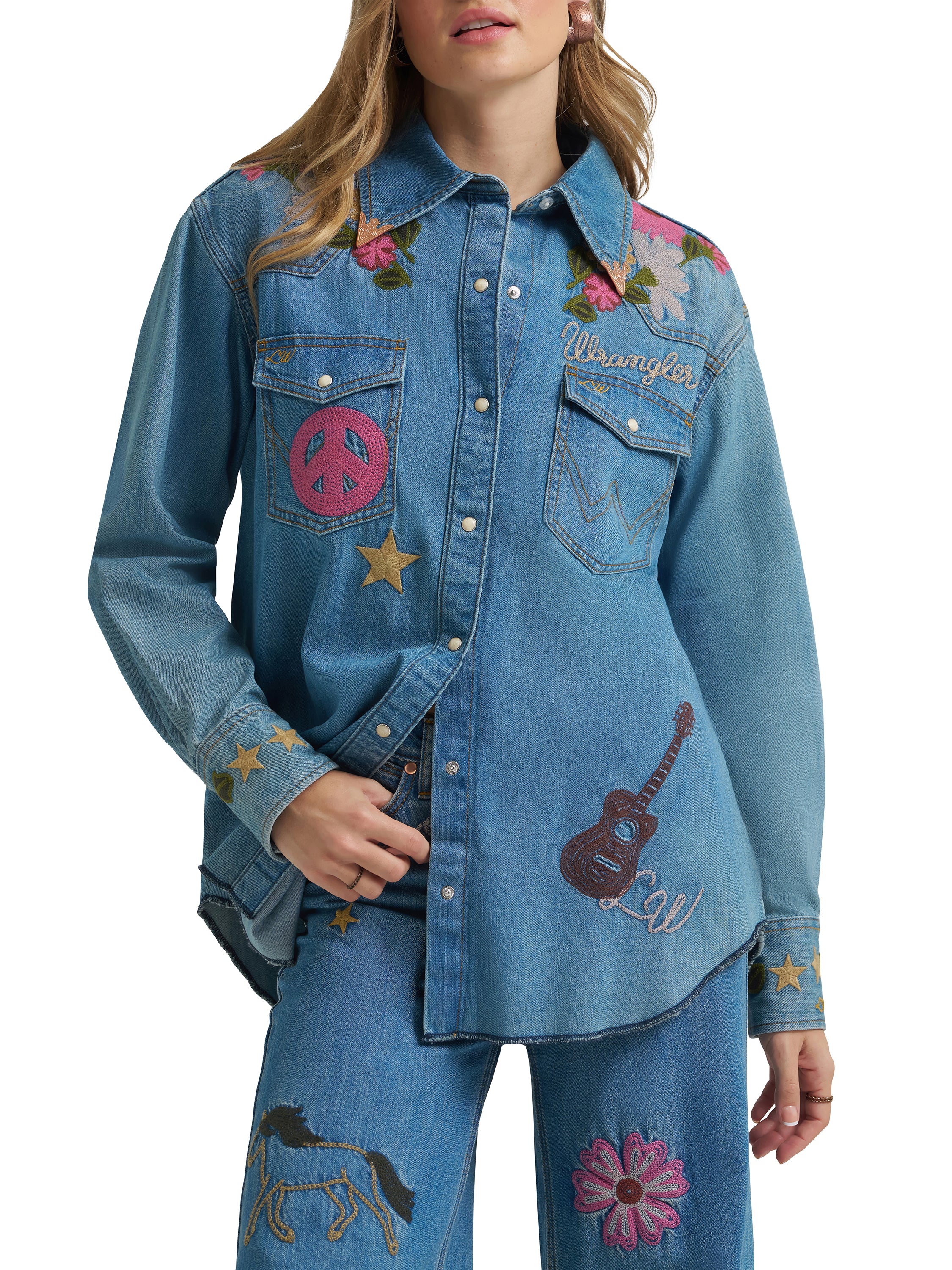 Wrangler Mid Wash Lainey Wilson X Wrangler Women's Embroidered Denim Shirt 112375521