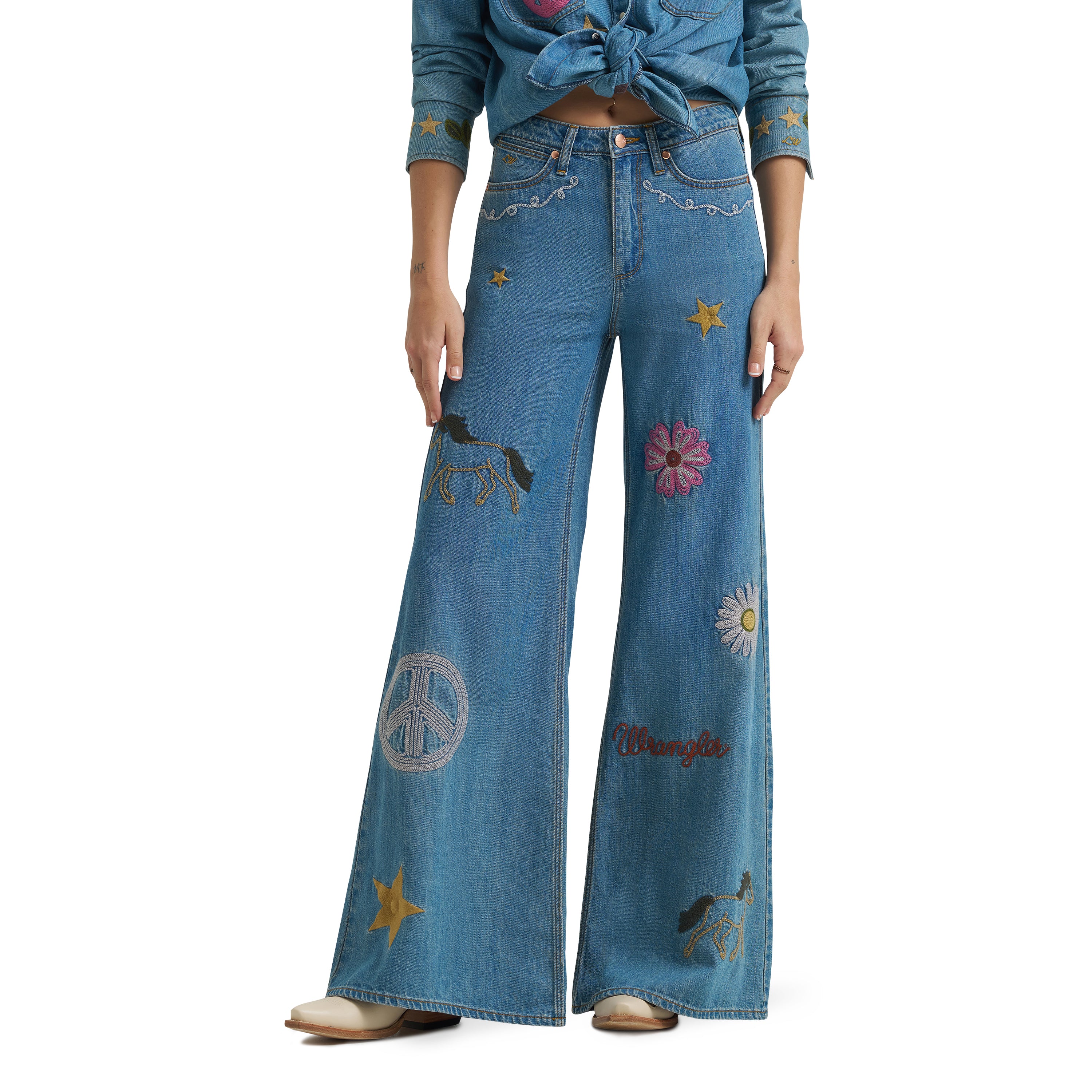Wrangler Mid Wash Lainey Wilson x Wrangler Embroidered Cheeky Wide Leg Jean 112375654