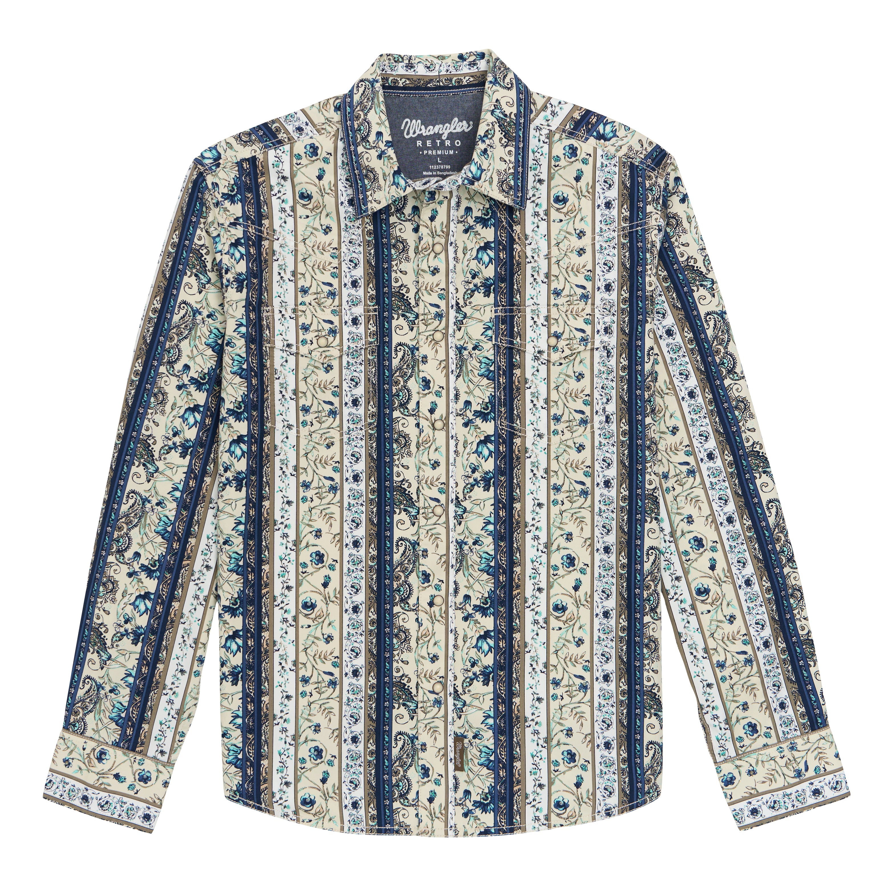 Wrangler Striped Paisley Blue Retro Premium Men's Collared Long Sleeve Western Snap Shirt 112378799