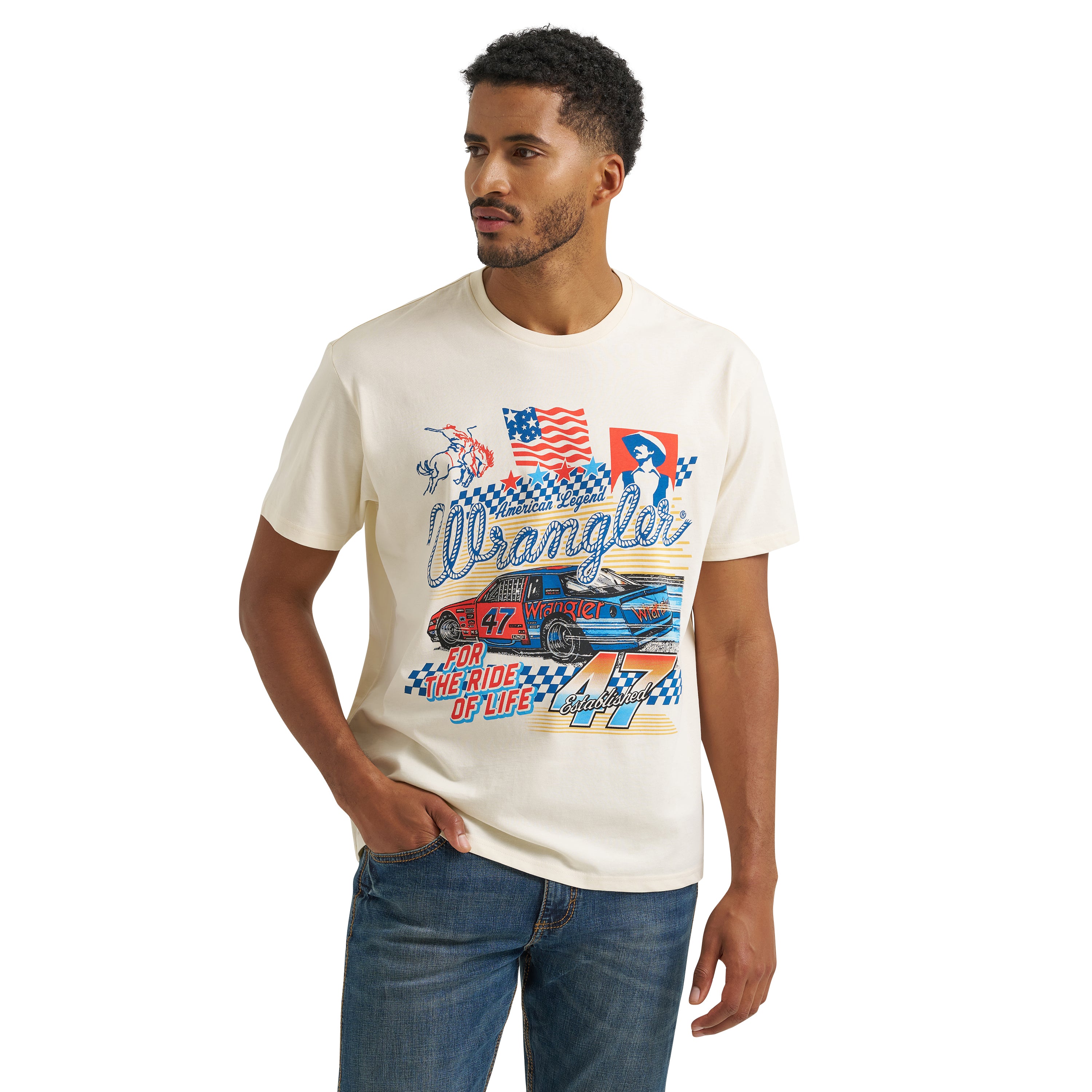 Wrangler Antique White Racecar 47 Vintage Fit Men's Graphic T-Shirt 112378804