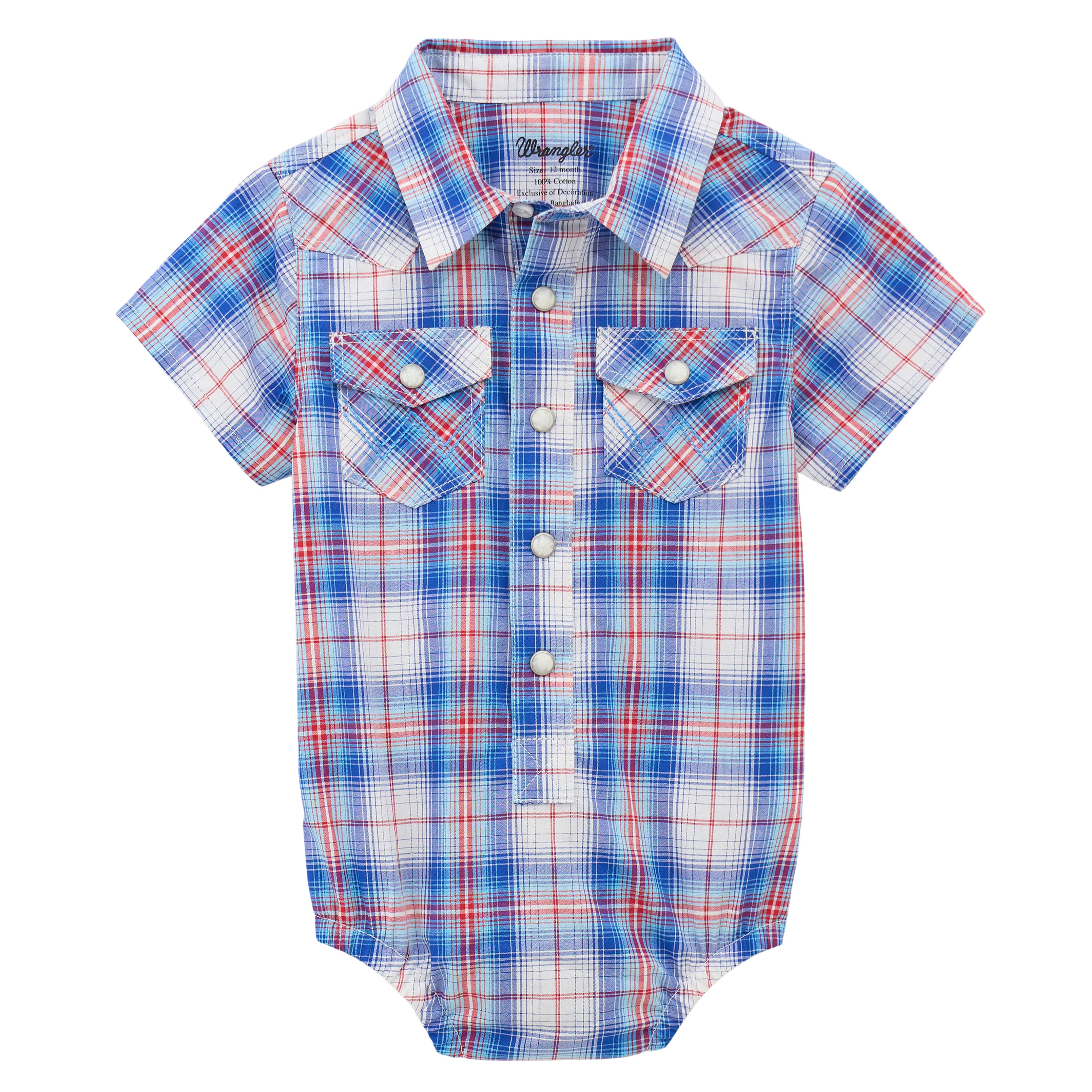 Wrangler Daisy Blue Plaid Baby Boy Collared Short Sleeve Western Snap Bodysuit 112378814
