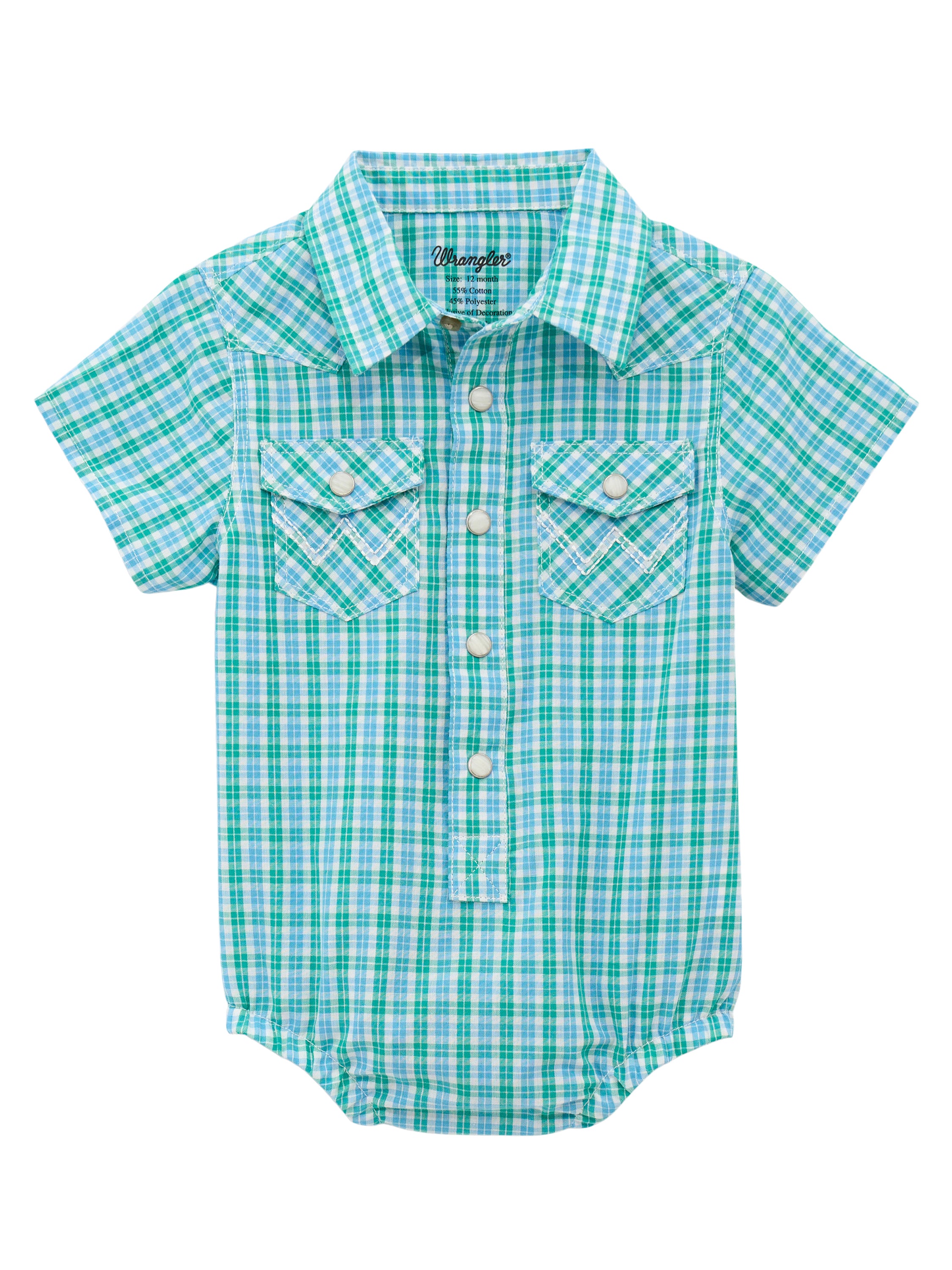 Wrangler Green with Check Plaid Toddler Boy Collared Short Sleeve Bodysuit 112378885