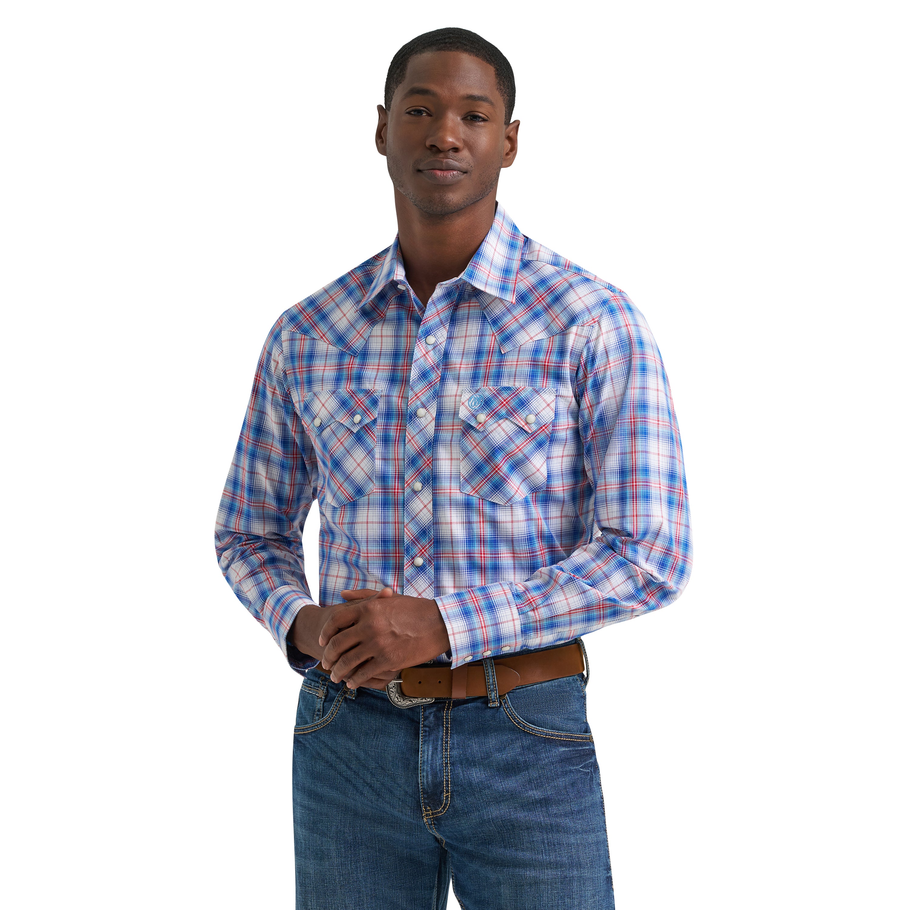 Wrangler Daisy Blue Plaid Retro Long Sleeve Sawtooth Snap Pocket Men's Snap Western Shirt 112378925