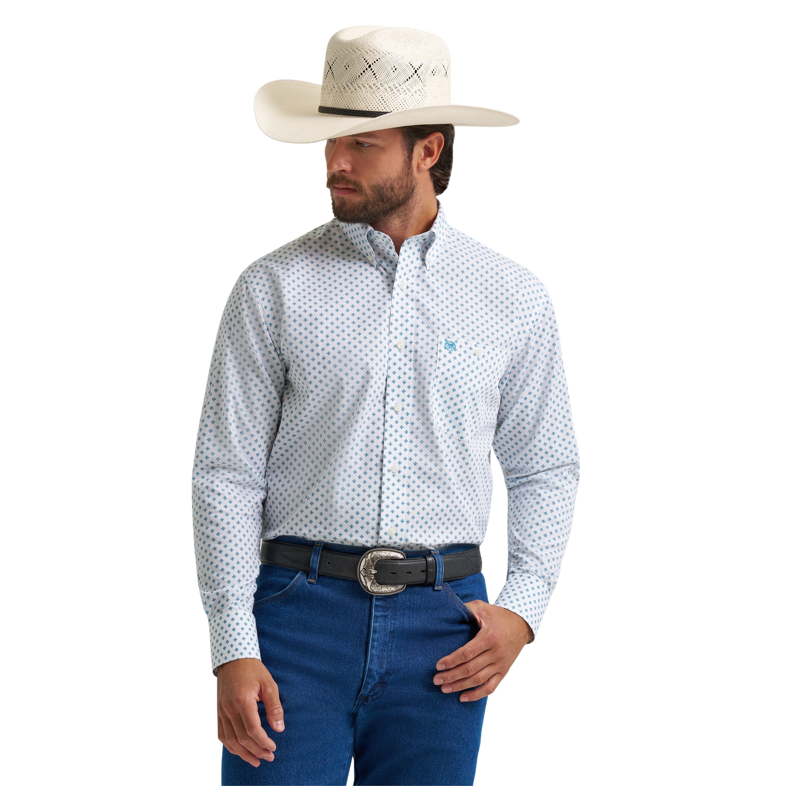 Wrangler Teal/White with Print Men's Collared Classic Long Sleeve Relaxed Fit Shirt 112379158