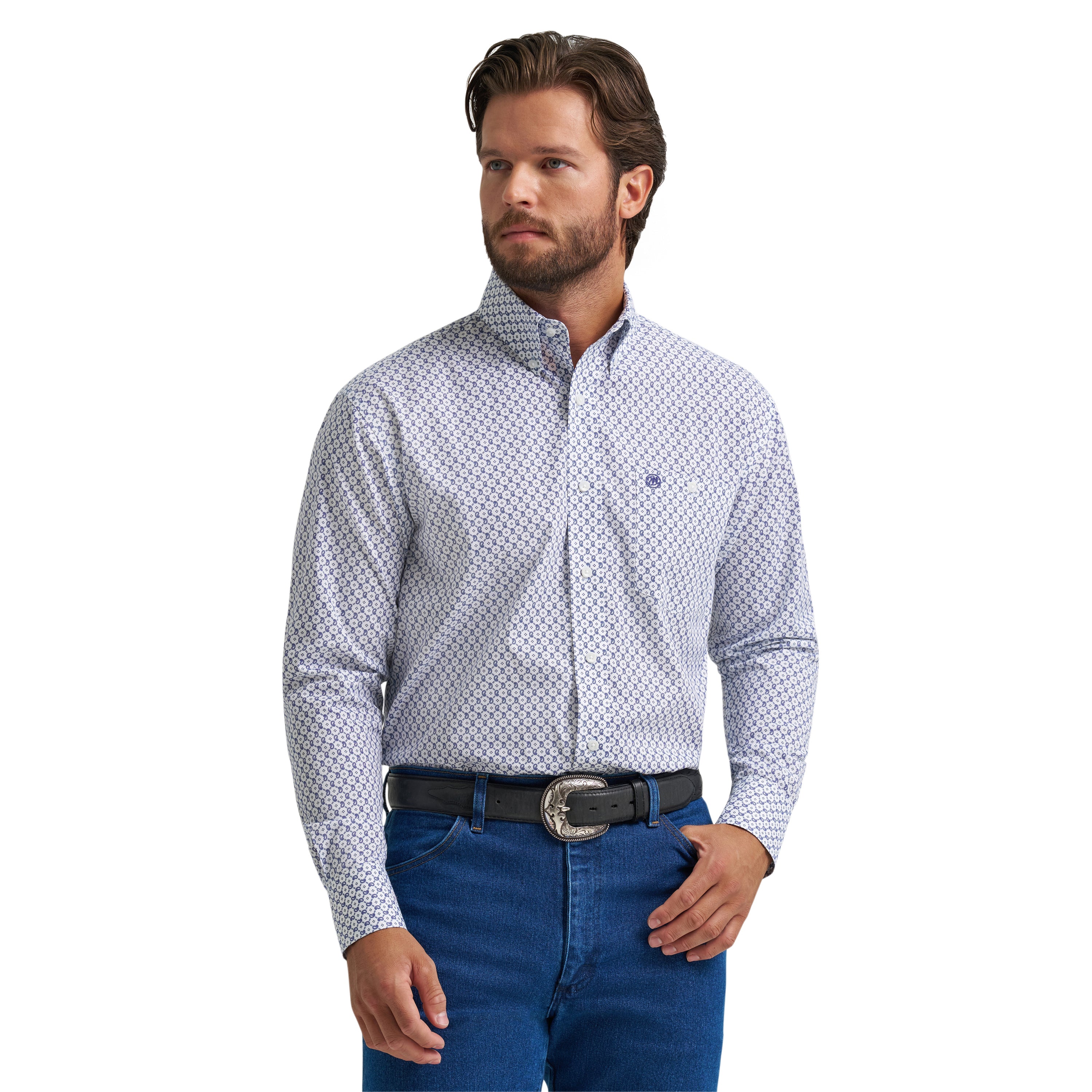 Wrangler Blue/White with Print Collared Classic Longsleeve Men's Relaxed Fit Shirt 112379162