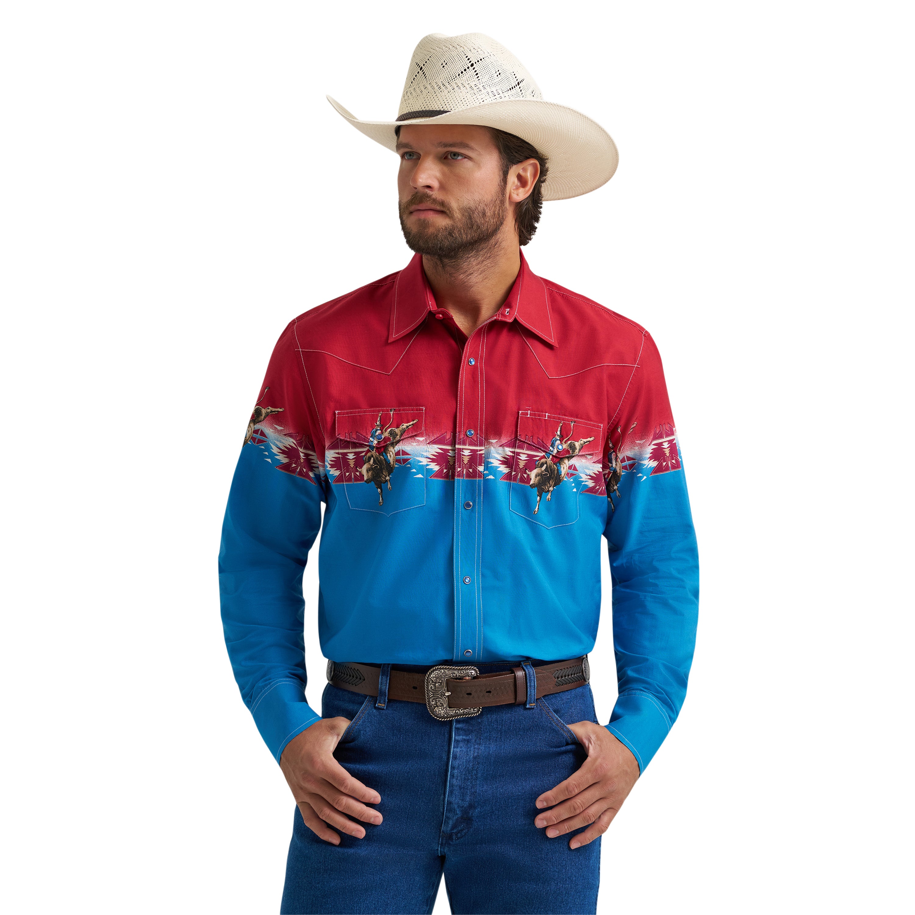 Wrangler Dip Dye (Red, White, Blue with Horizonal Bullrider Graphic) Men's Checotah Long Sleeve Western Snap Men's Shirt 112379226