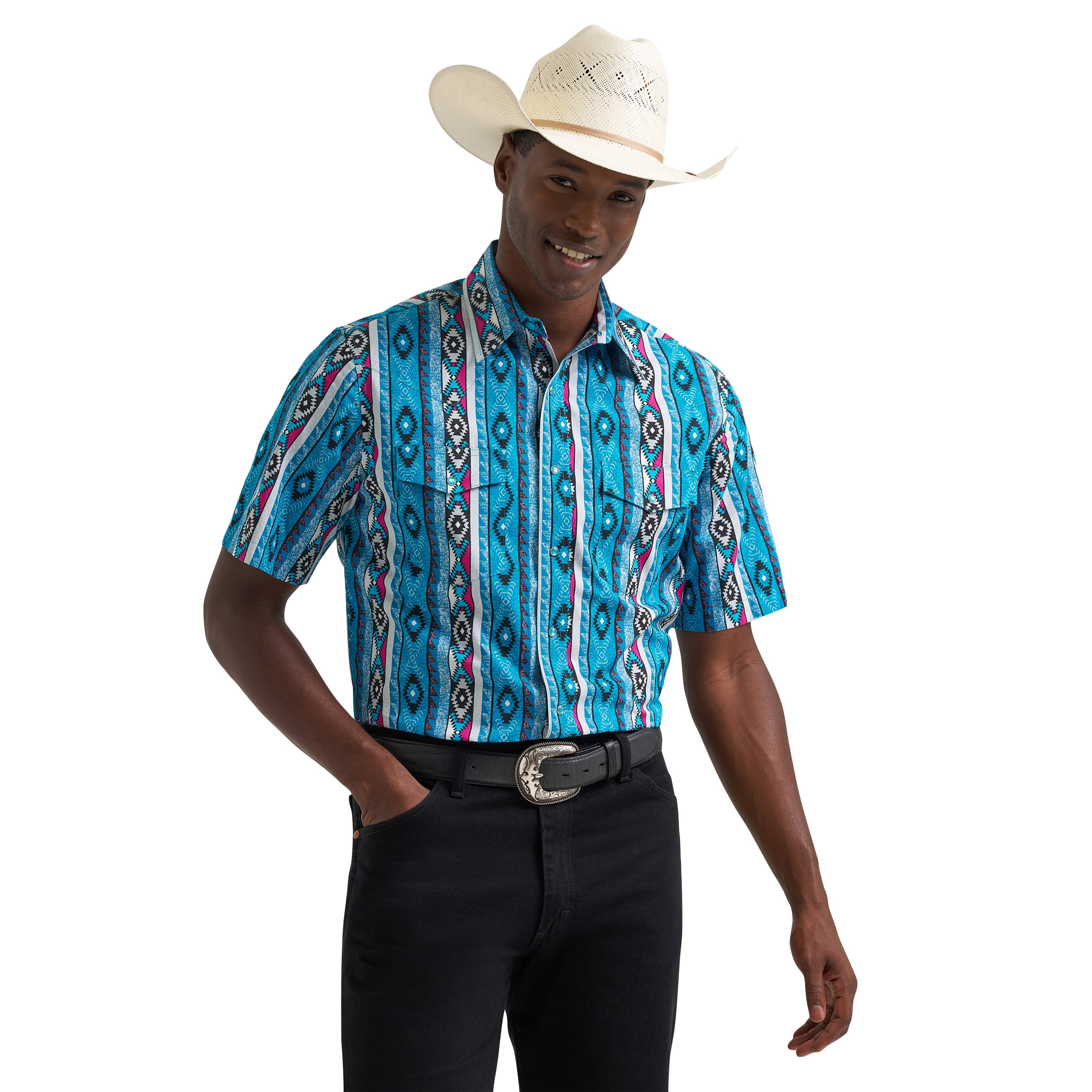 Wrangler Dialed Up Blue Checotah Men's Short Sleeve Western Snap Shirt 112379227
