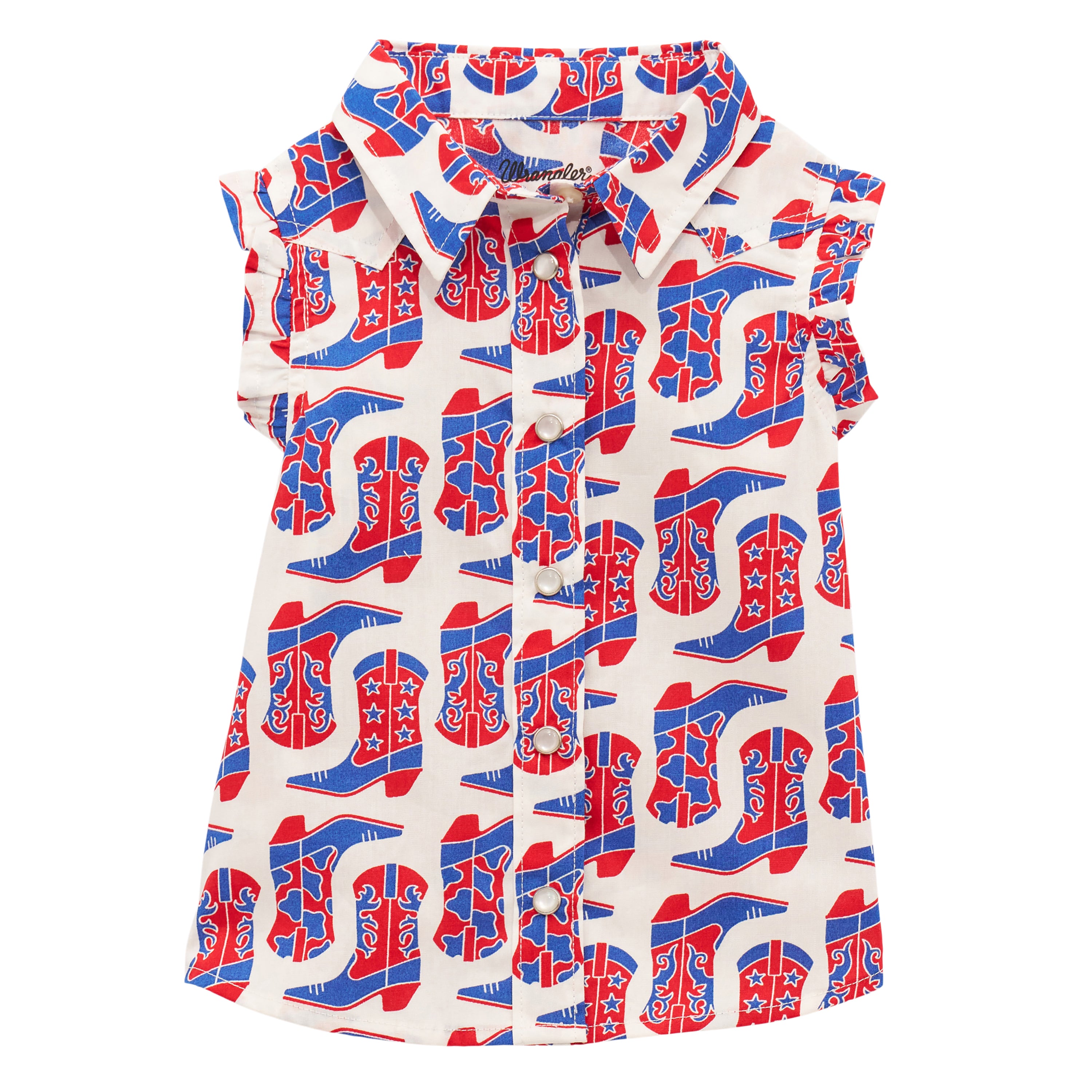 Wrangler White with Red/Blue Boots Print Little Girl's Sleeveless Collared Ruffle Western Shirt 112379437