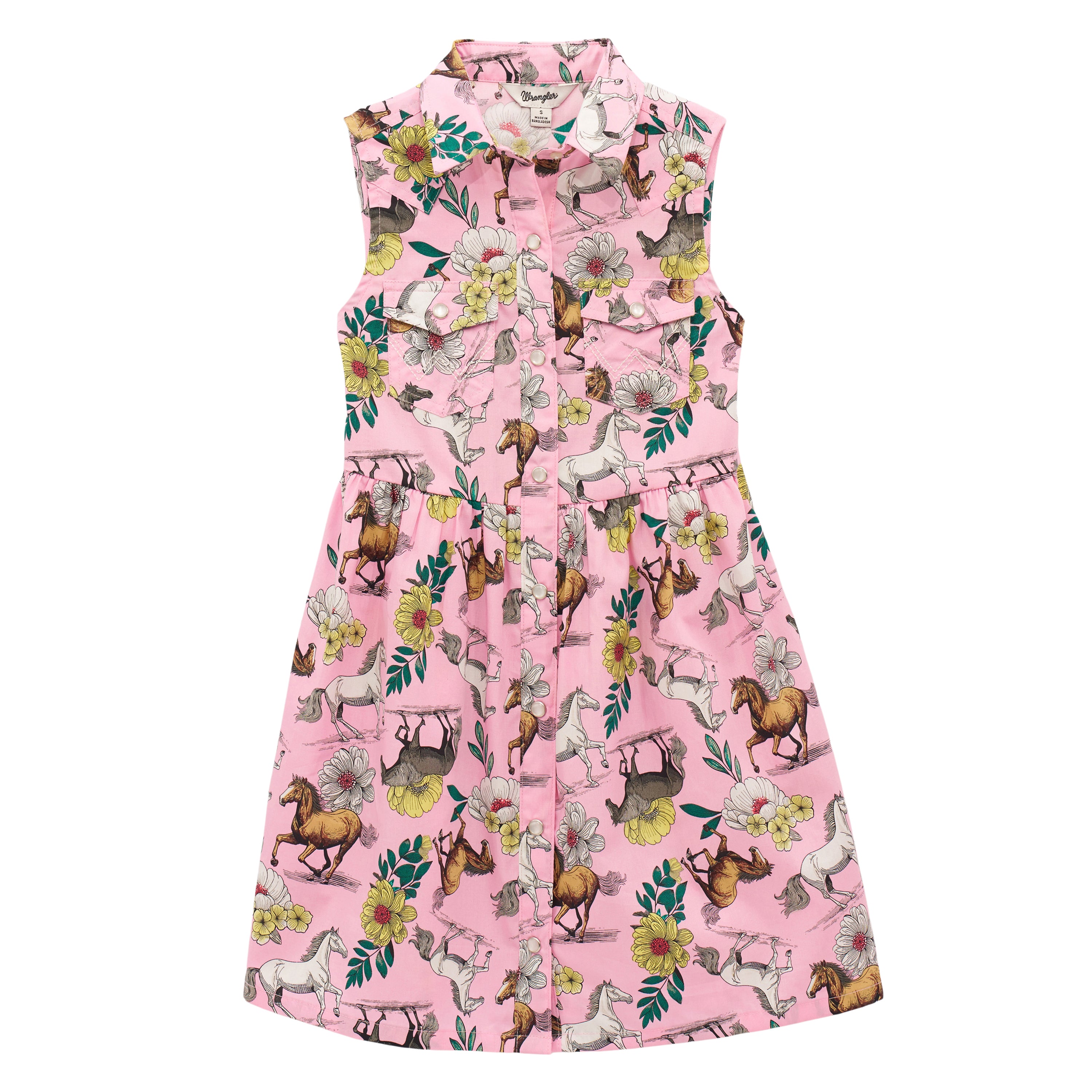 Wrangler Pink with Horses and Flowers Girls' Sleeveless Snap Front Dress 112379464