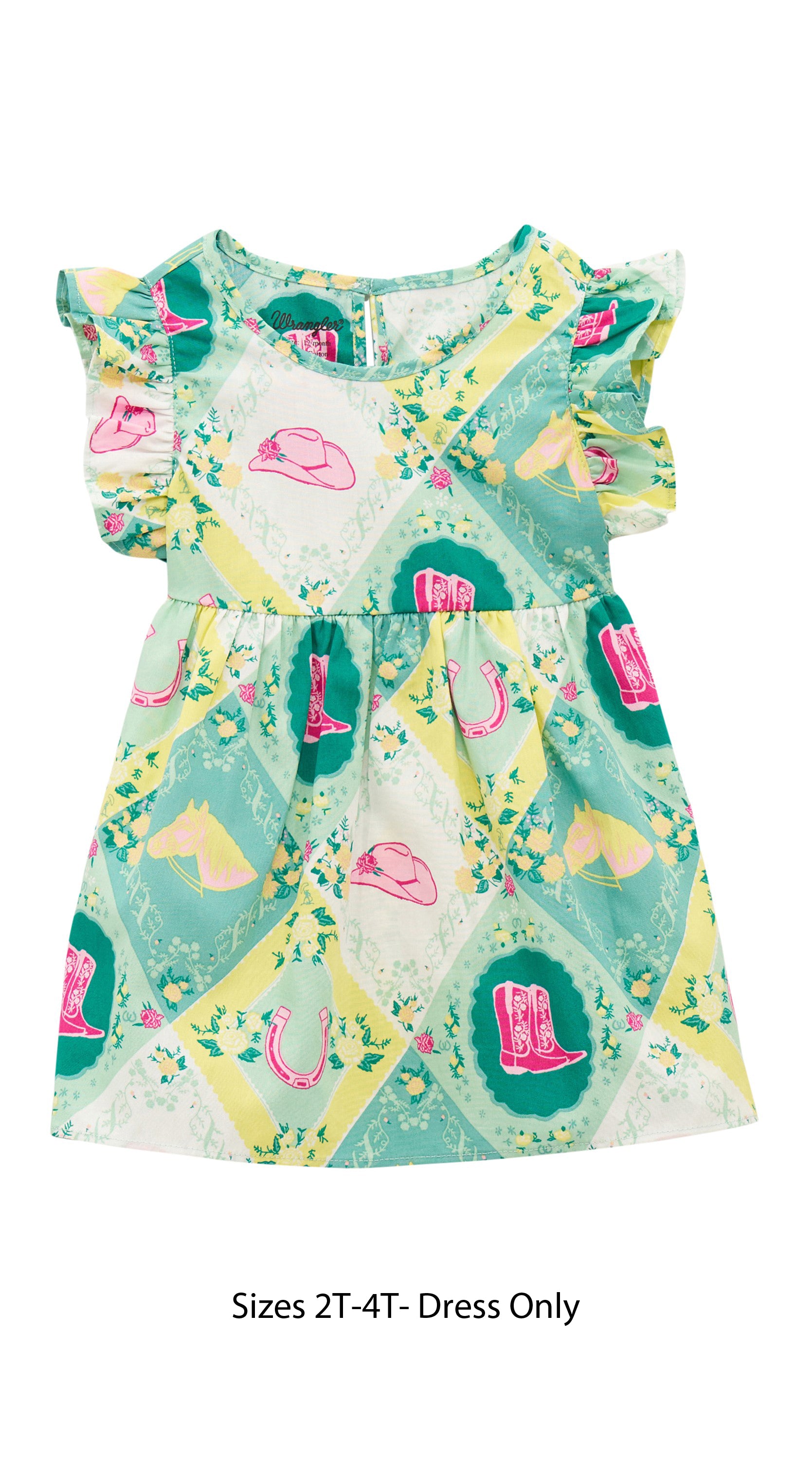 Wrangler Green with Boots and Horseshoes Floral Print Dress (Sizes 0-18 have Matching Diaper Cover. 2T-4T is Dress only)