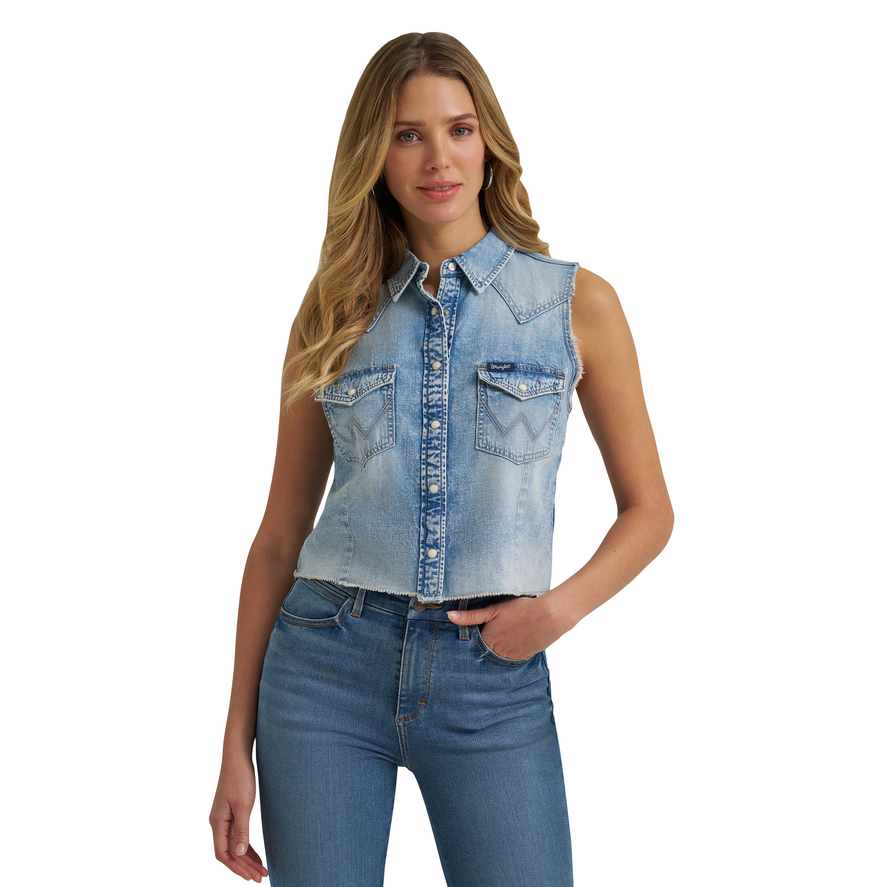 Wrangler Light Denim Frayed Hem Women's Sleeveless Denim Snap Shirt 112379492