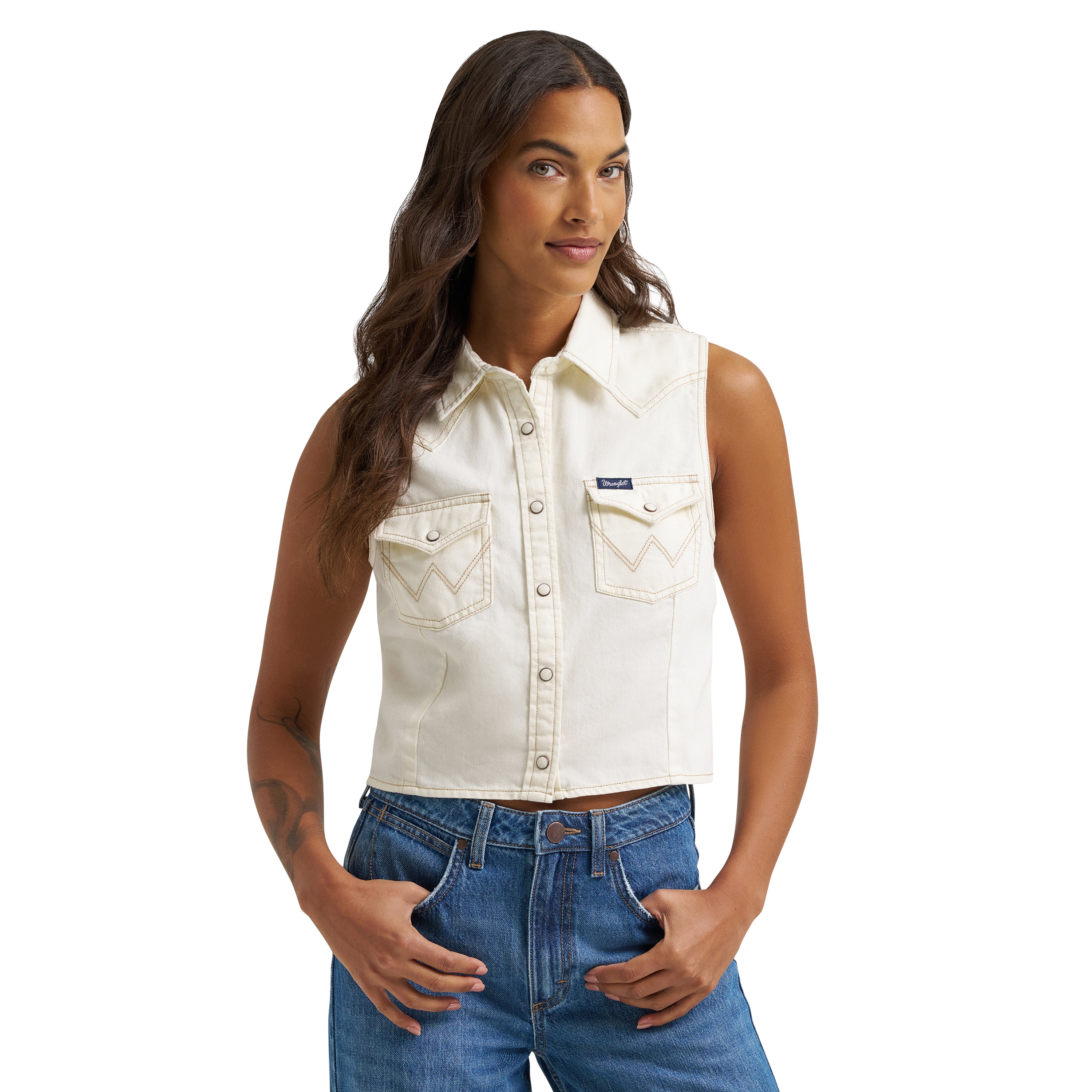 Wrangler White Retro Punchy Women's Sleeveless Denim Snap Shirt 112379493