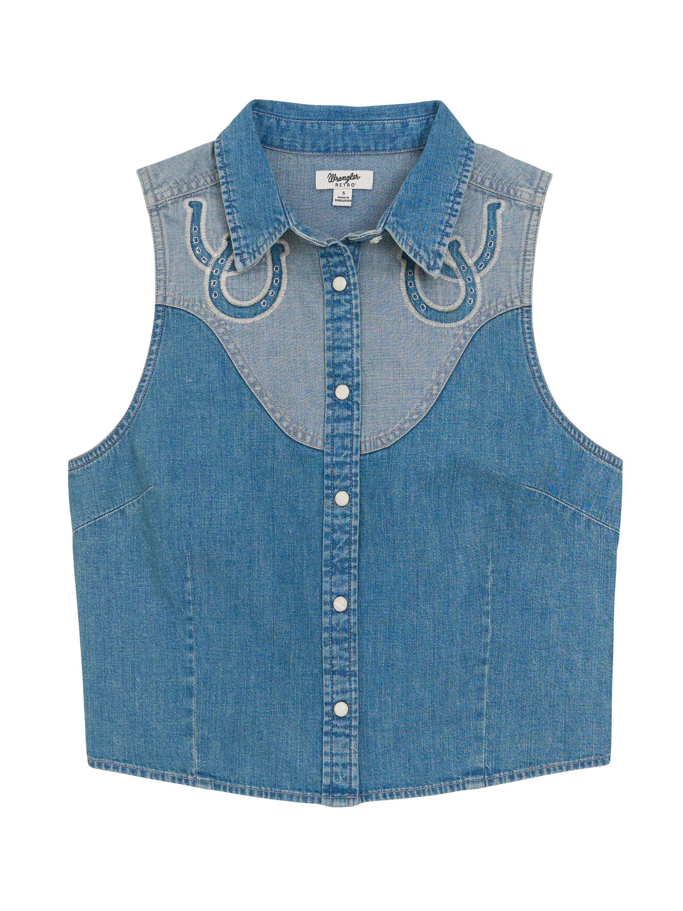 Wrangler Blue Horseshoe Sleeveless Women's Denim Snap Shirt 112379512