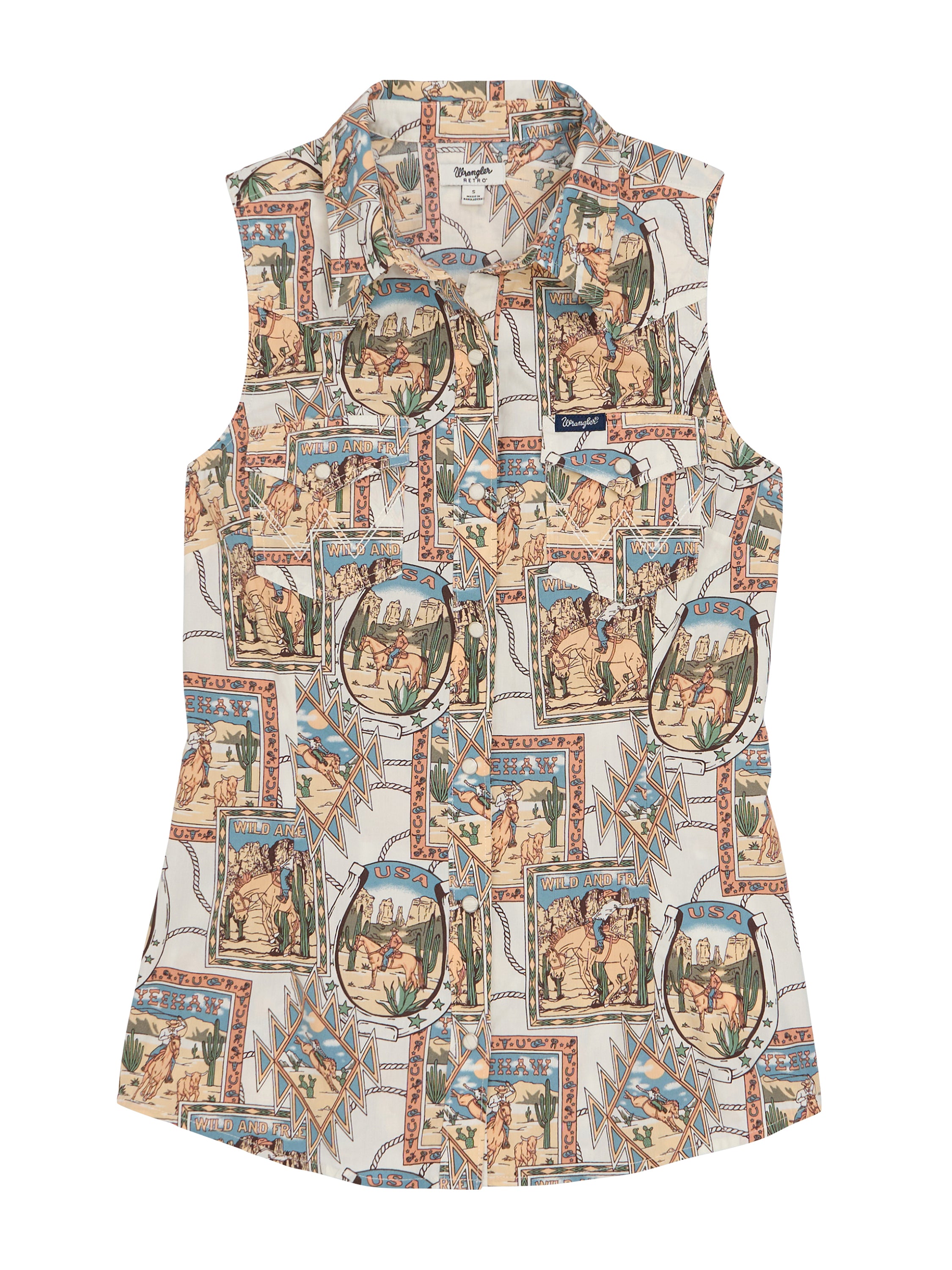 Wrangler Cream Women's Bold Print Sleeveless Western Snap Shirt 112379518