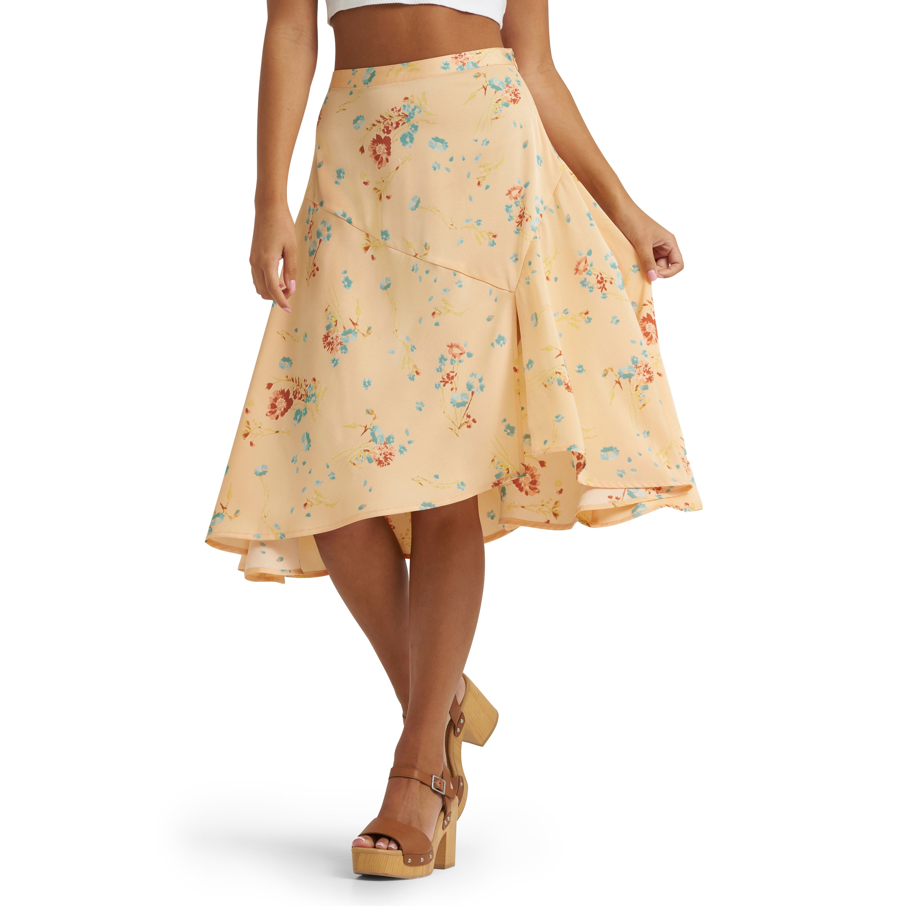 Wrangler Orange Peach Women's Floral Flowy Handkerchief Midi Skirt with Slit 112380069