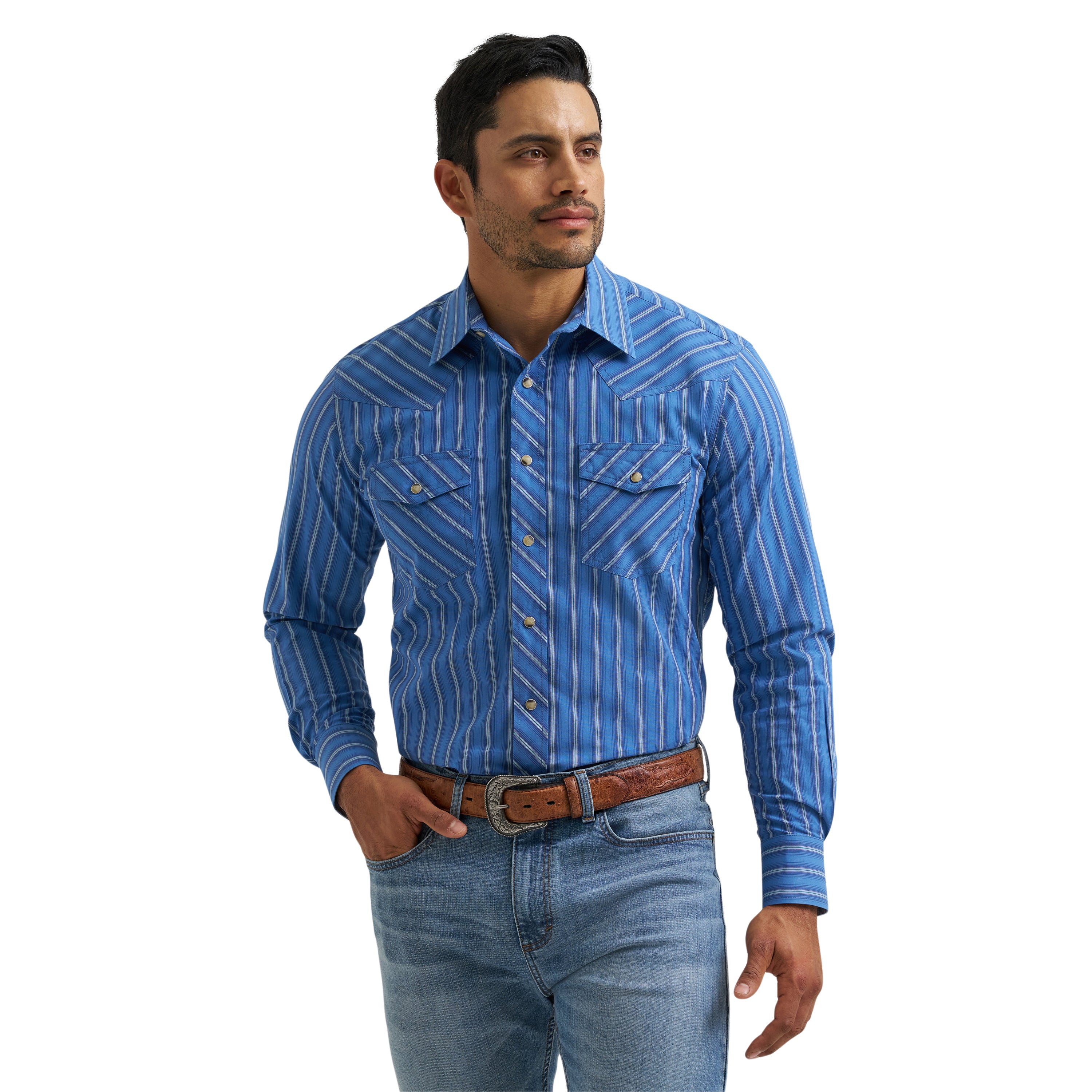 Wrangler Riverstone Stripe 20X Competition Men's Advanced Comfort Long Sleeve Two Pocket Western Snap Shirt 112381453