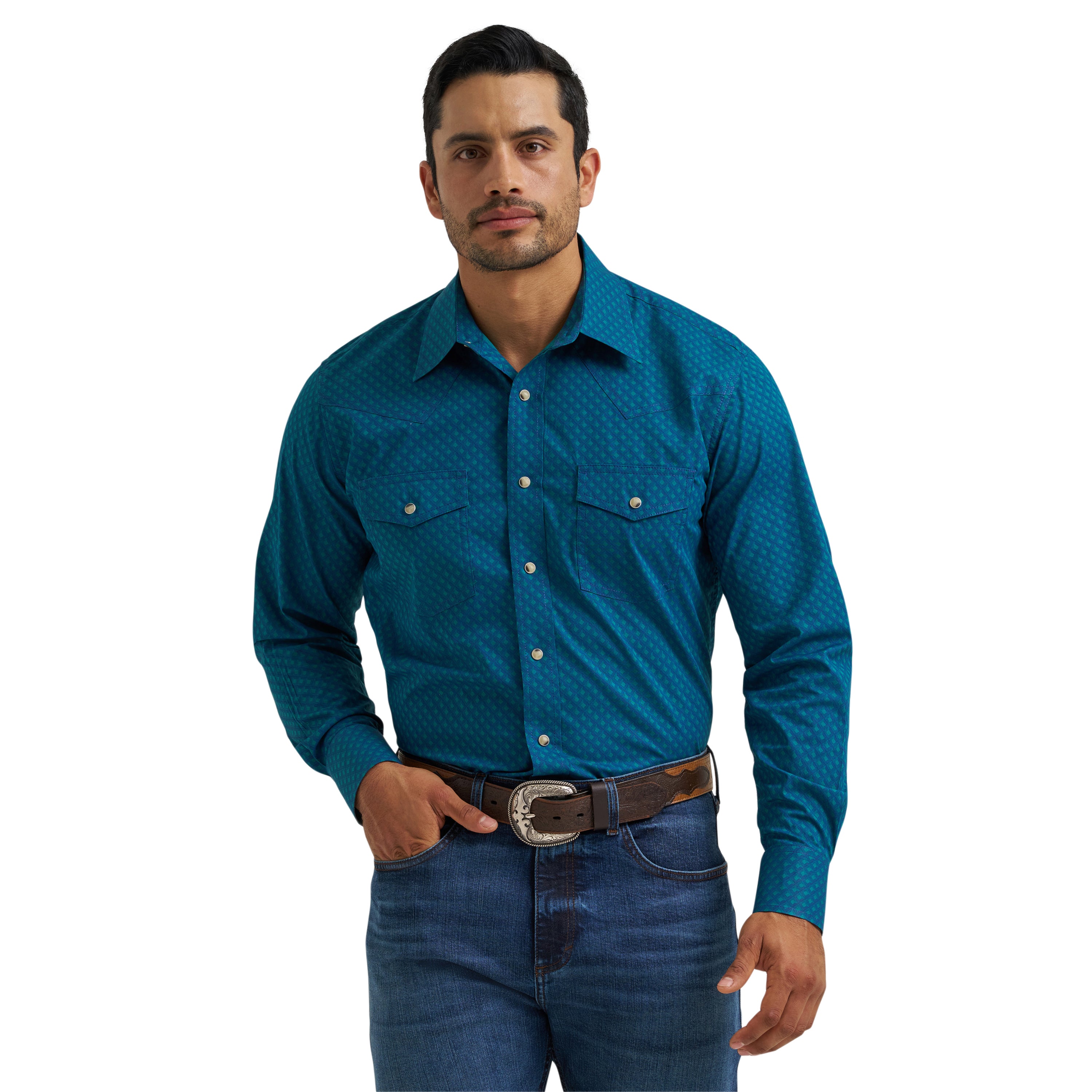 Wrangler Blue Concentric Square 20X Competition Men's 20X Advanced Comfort Long Sleeve Two Pocket Western Snap Shirt 112381476