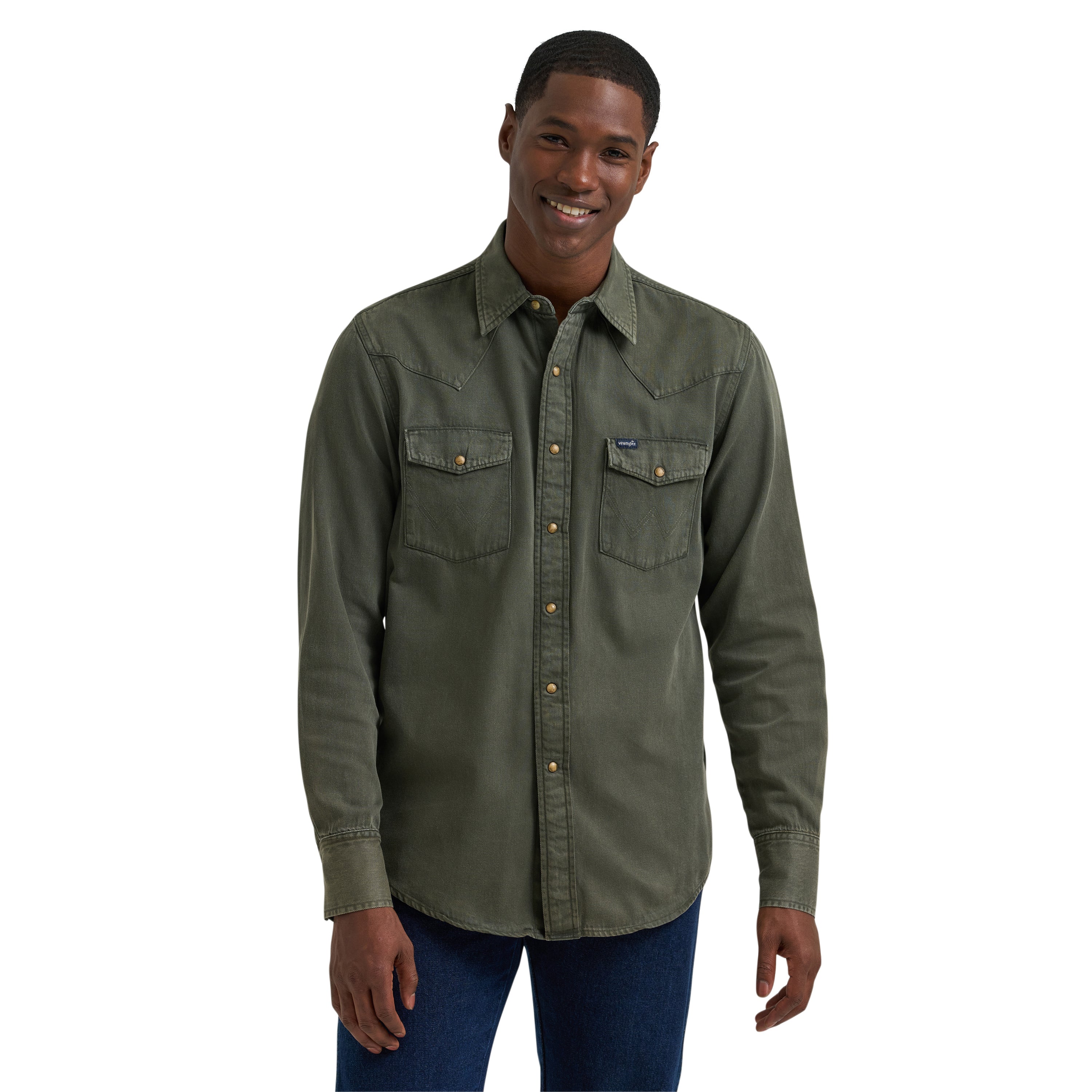 Wrangler Olive Denim Colorwash Men's Denim Western Snap Shirt 112381633