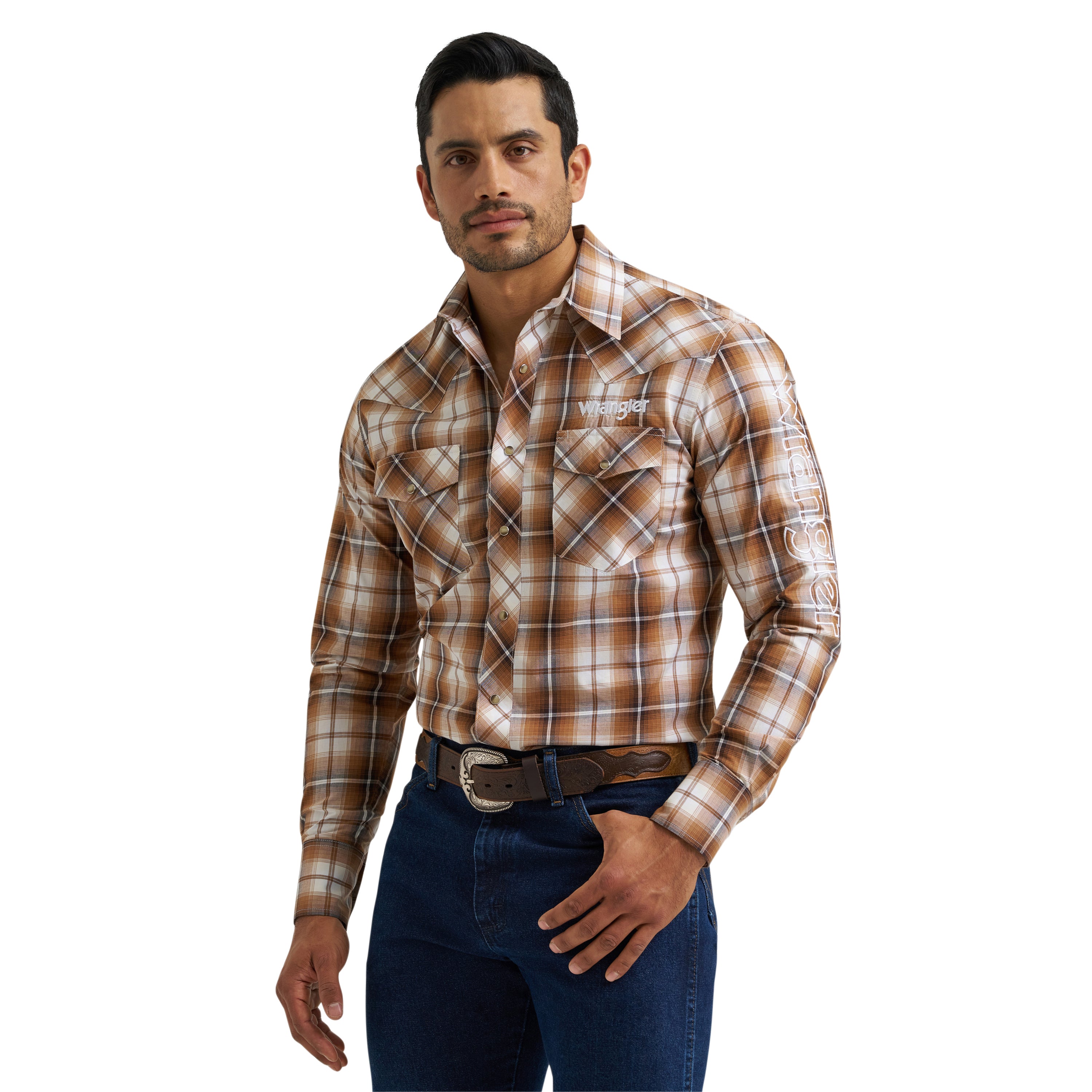 Wrangler Sand Plaid Logo Long Sleeve Men's Collared Western Snap Shirt 112381988