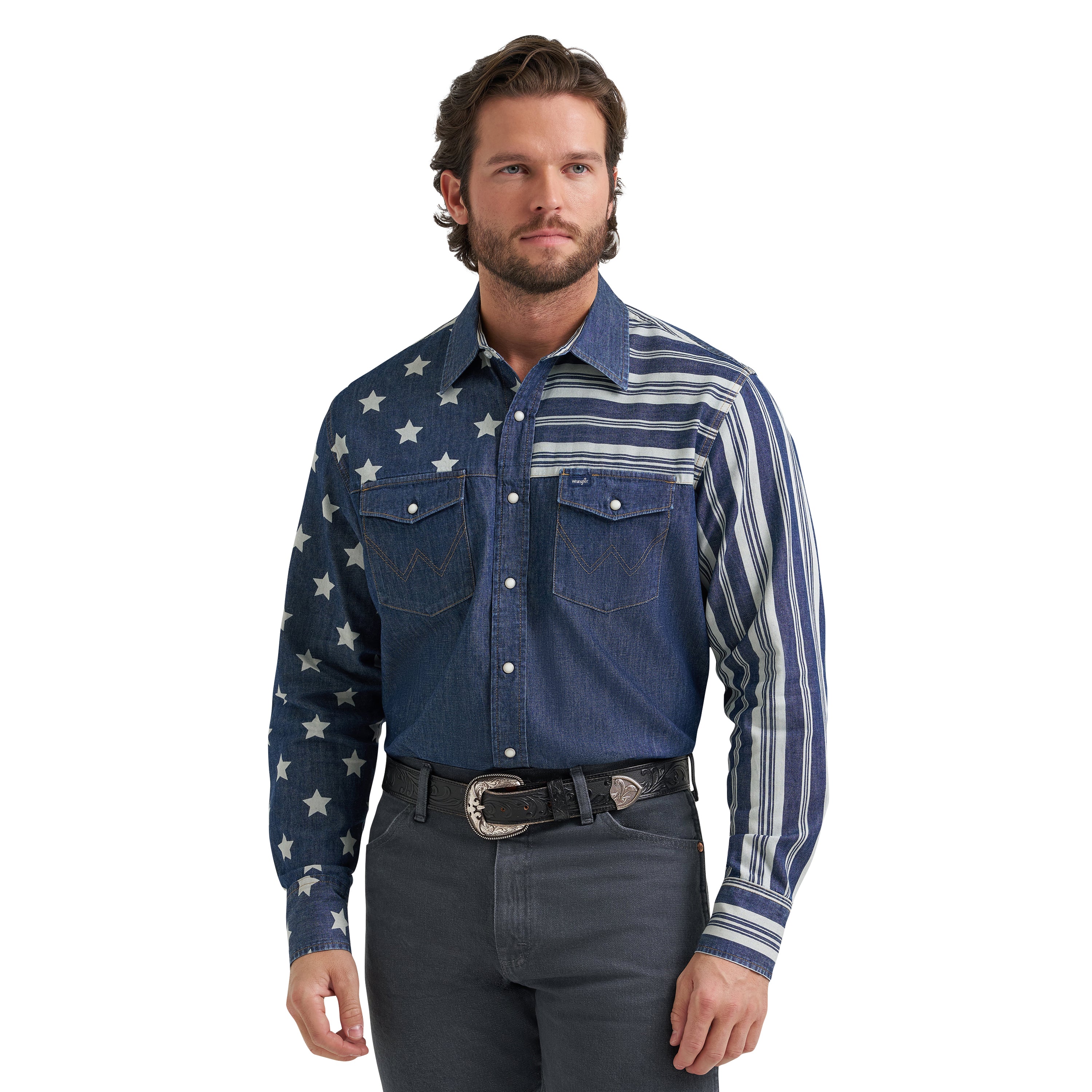 Wrangler Indigo Vintage-Inspired Stars & Stripes Western Men's Snap Shirt 112382001