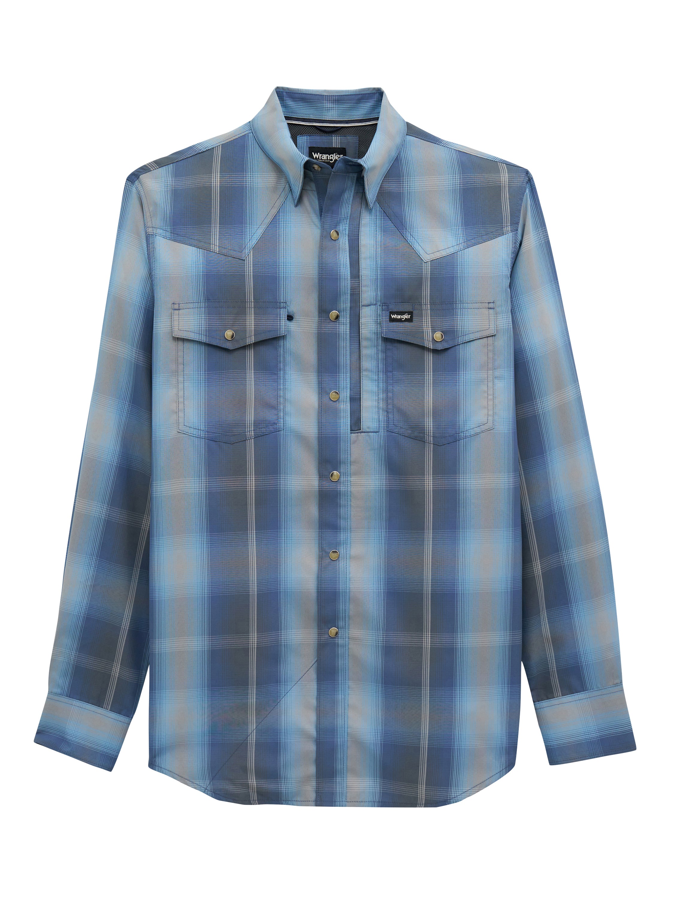 Wrangler Ombre Indigo All Terrain Gear Men's Collared Performance Plaid Longsleeve Shirt 112382399