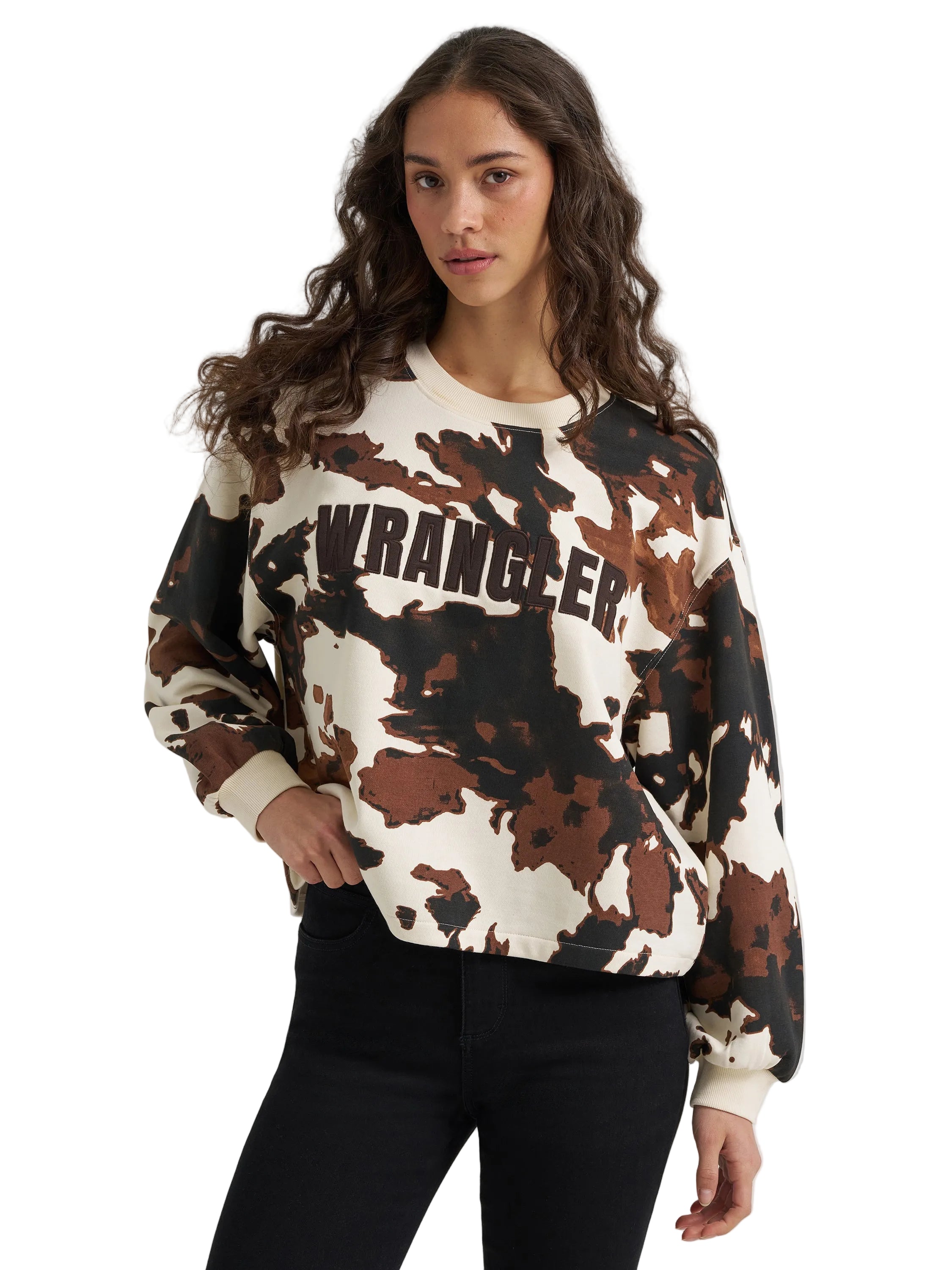 Wrangler Cow Print Crew Fleece Women's Oversized Fit Pullover Top 112384040