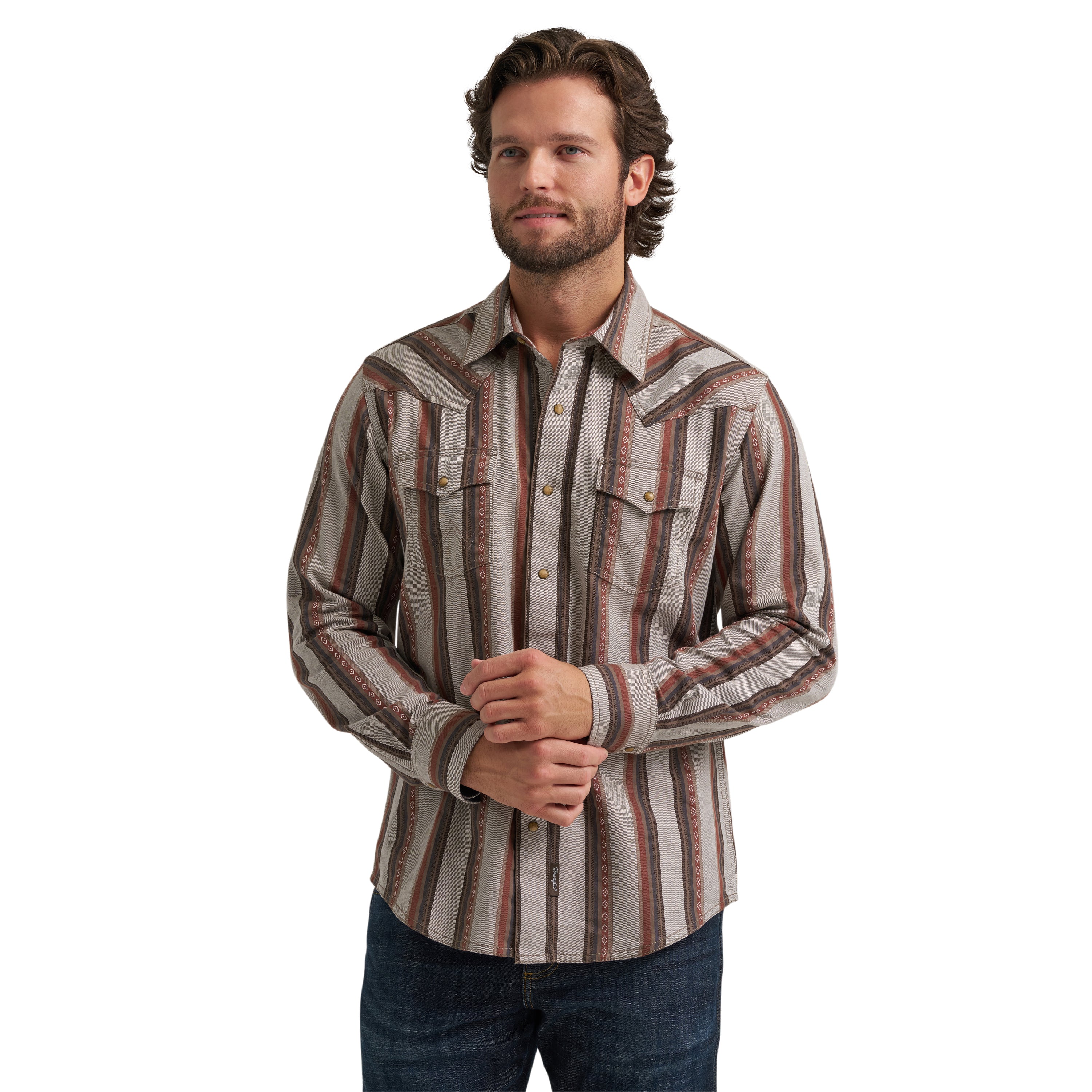 Wrangler Brown Sand Retro Premium Stripe Men's Western Snap Shirt 112384768