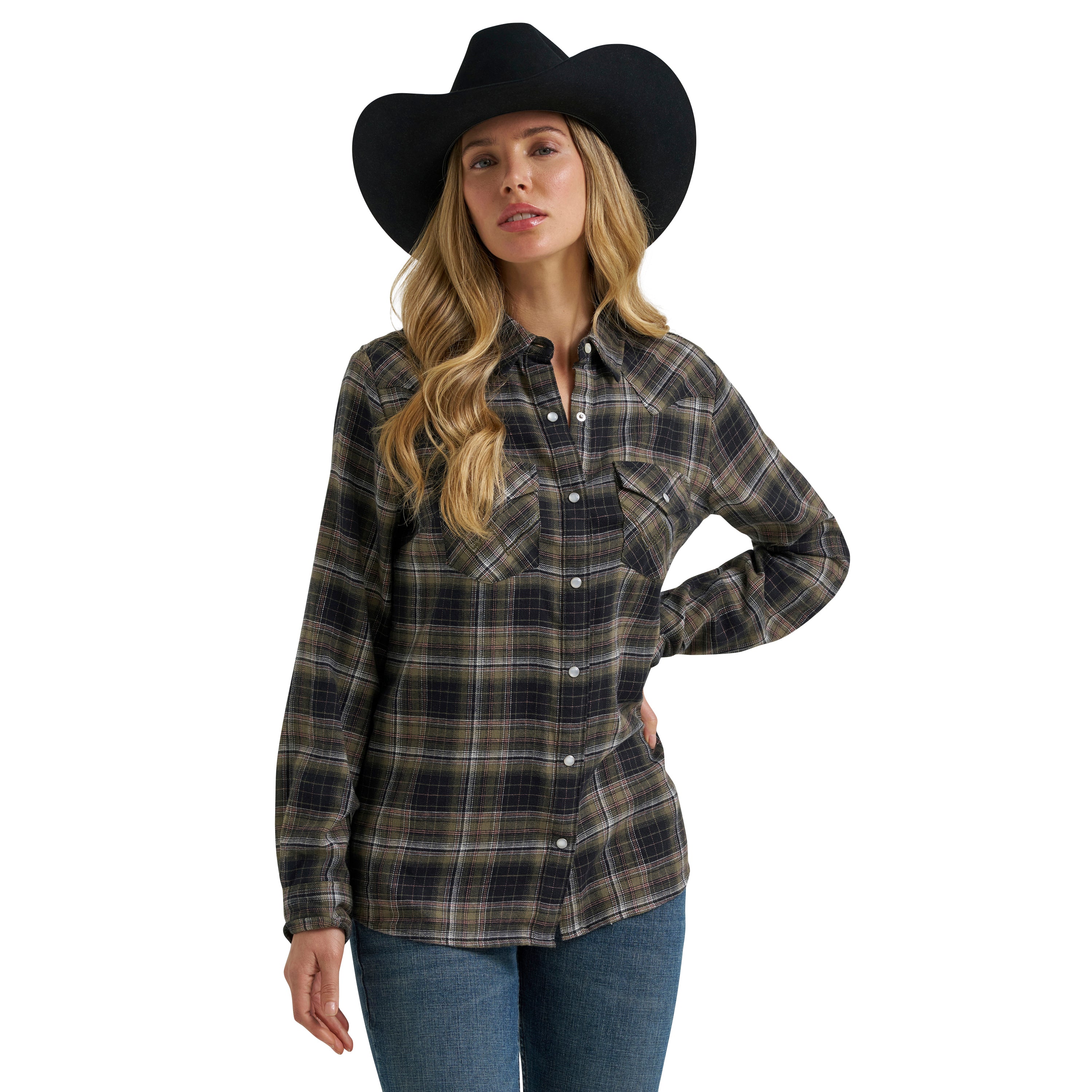 Wrangler Black Plaid Retro Western Essential Women's Collared Longsleeve Snap Shirt 112385294