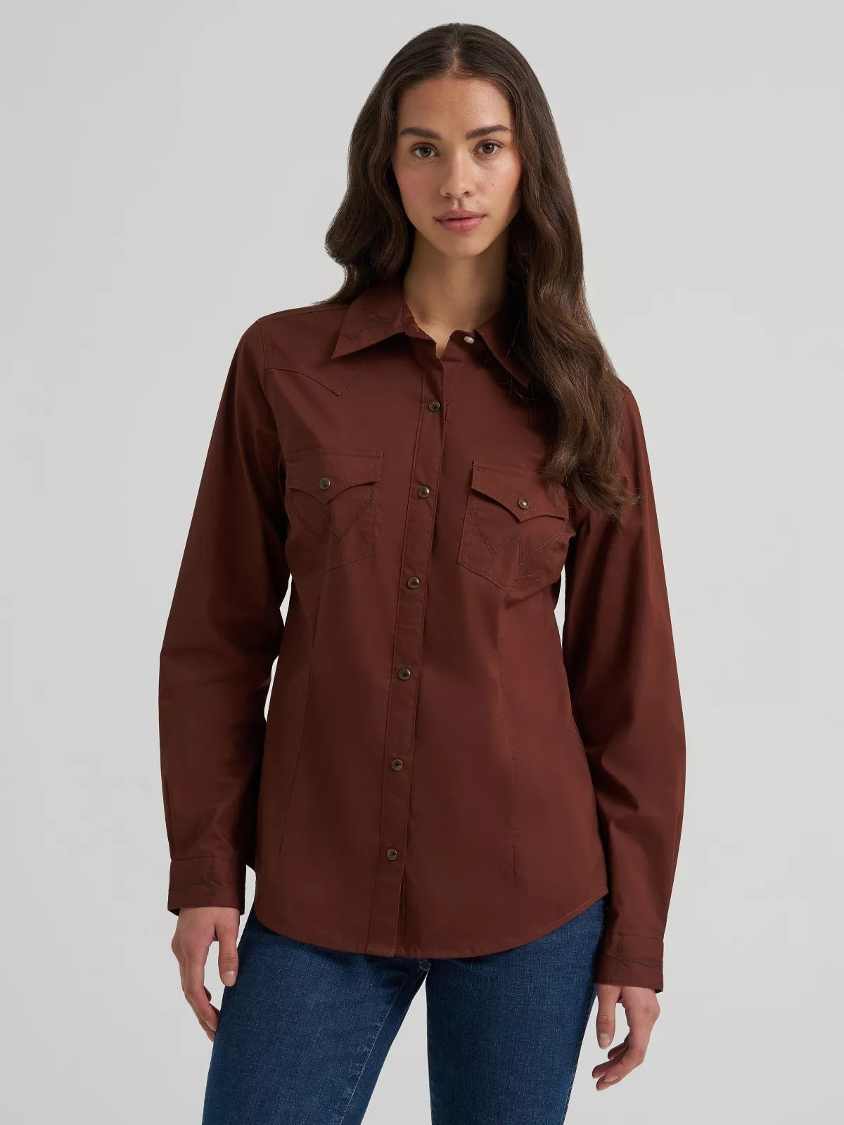 Wrangler Brown Women's Sierra Western Slim Long Sleeve Snap Shirt 112385316