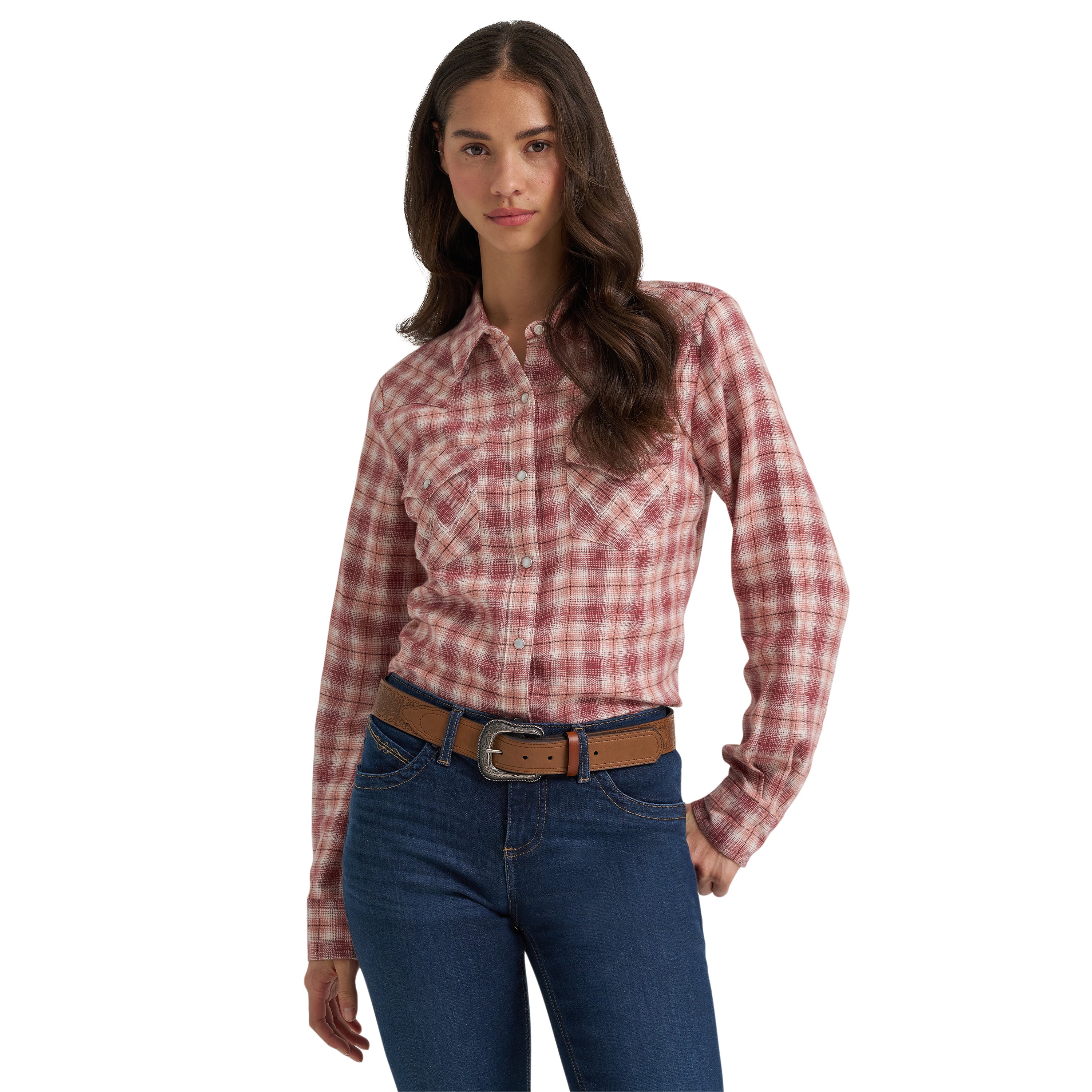 Wrangler Rose Plaid Retro Western Essential Women's Collared Longsleeve Snap Shirt 112385383