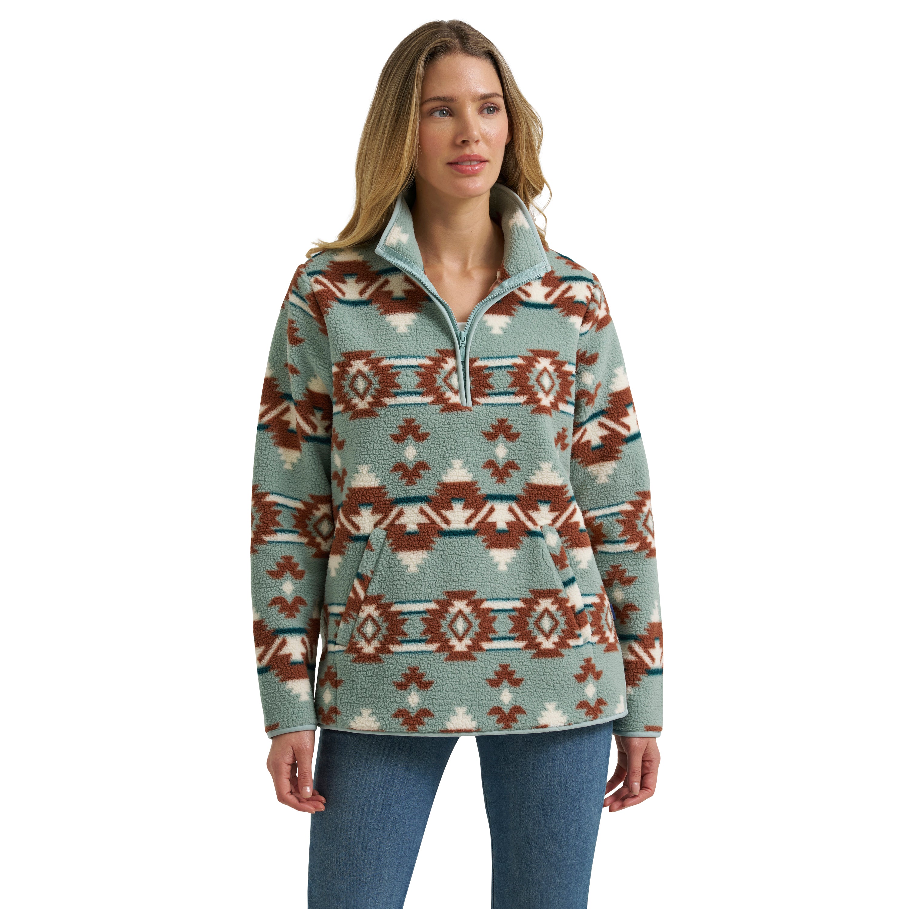 Wrangler Desert Blue Aztec Print High Plains Women's Sherpa Zip Pullover 112385461