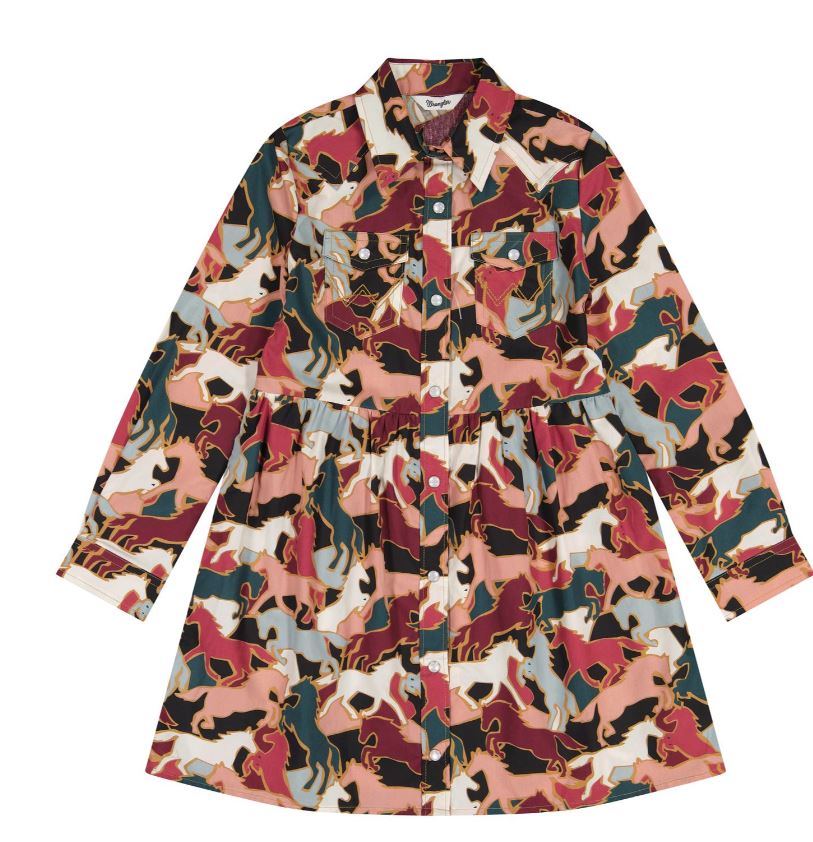 Wrangler Blue with Horse Mosaic Print Girls' Western Dress 112385518