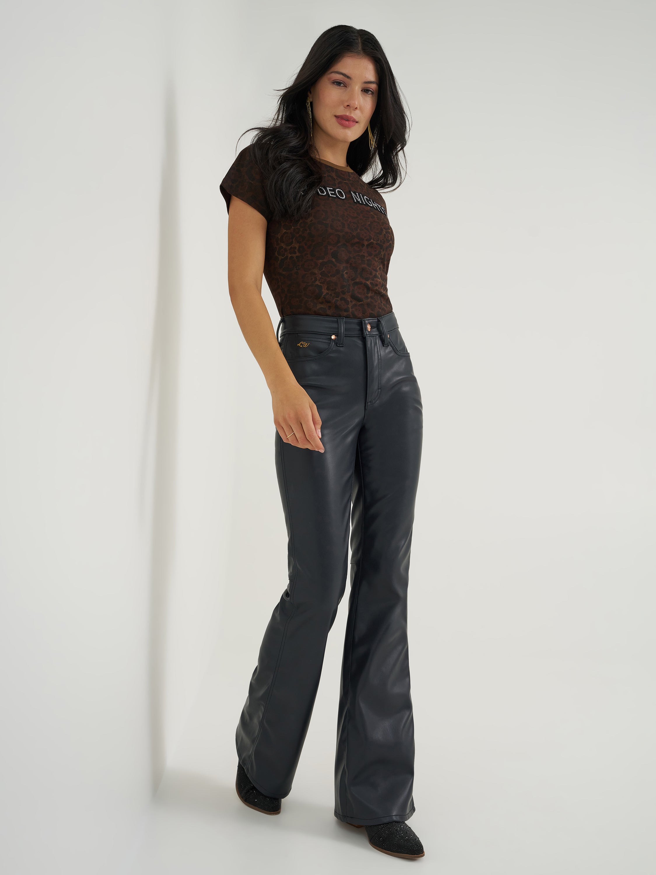 Wrangler x Lainey Wilson Black Women's Faux Leather 5 Pocket Flare Jea