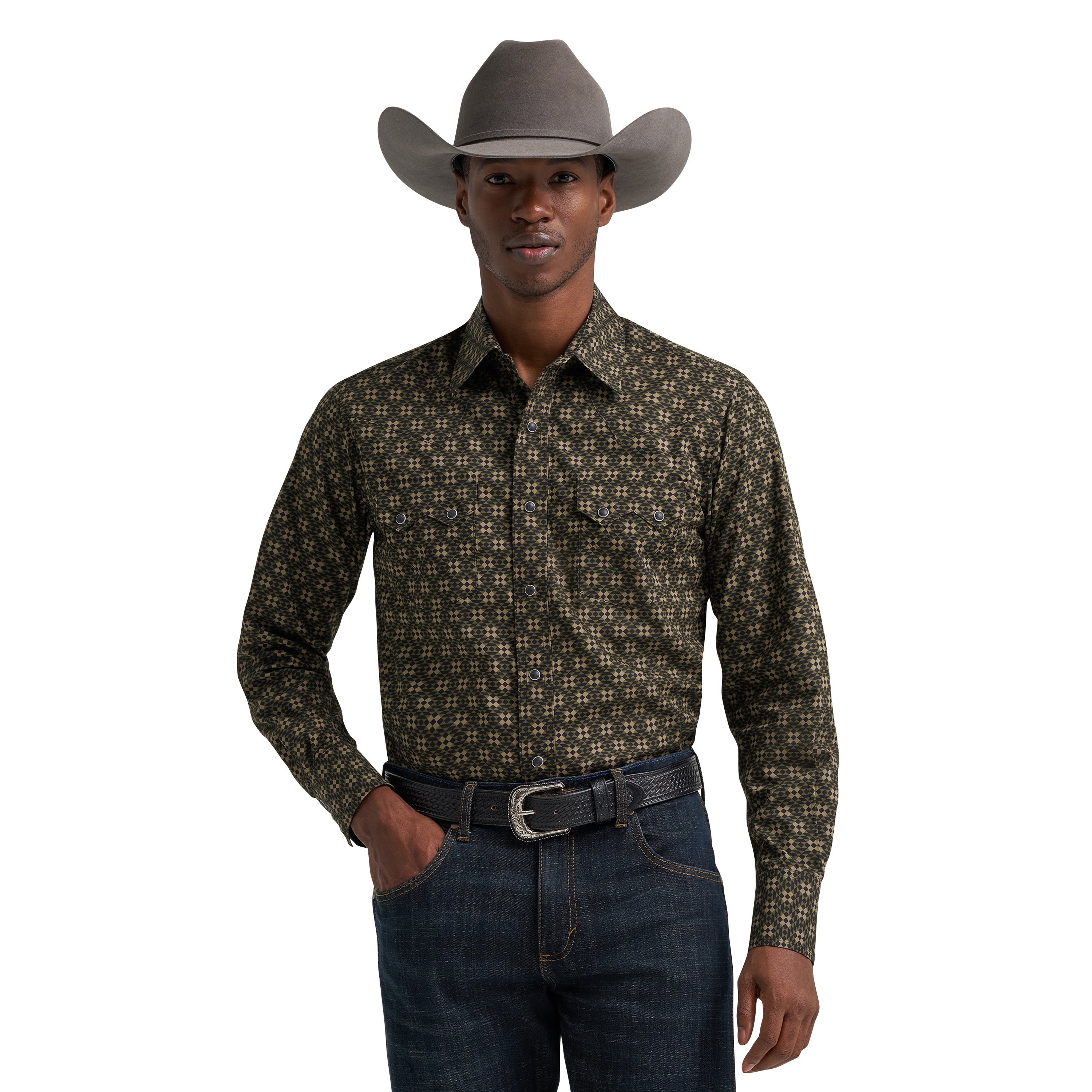 Wrangler Black Olives Retro Longsleeve Sawtooth Men's Collared and Snap Pocket Western Shirt 112385601