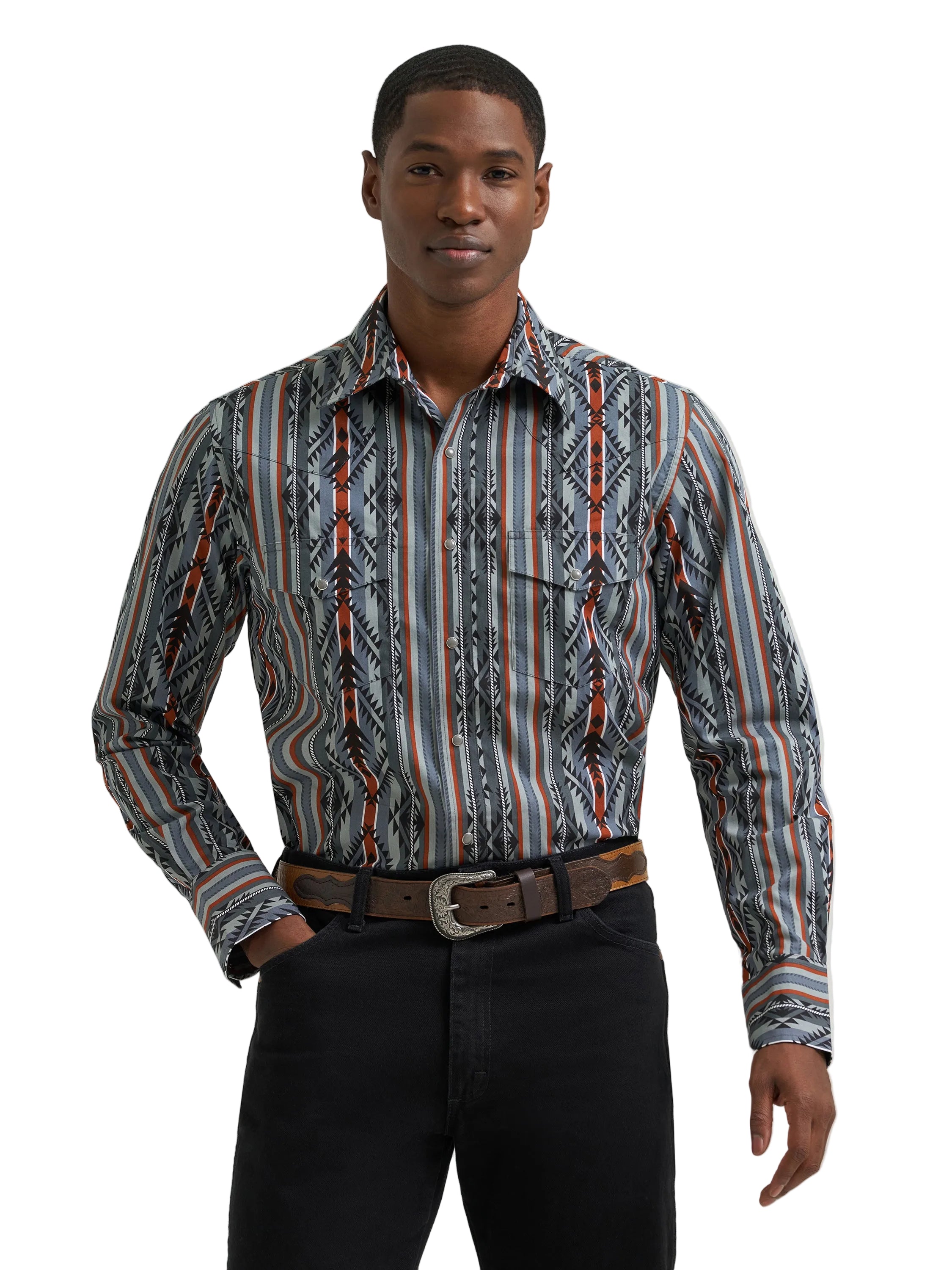 Wrangler Ridge Blue (It looks Grey with Stripes and Aztec Print Motif) Checotah Men's Long Sleeve Western Snap Printed Shirt 112385915
