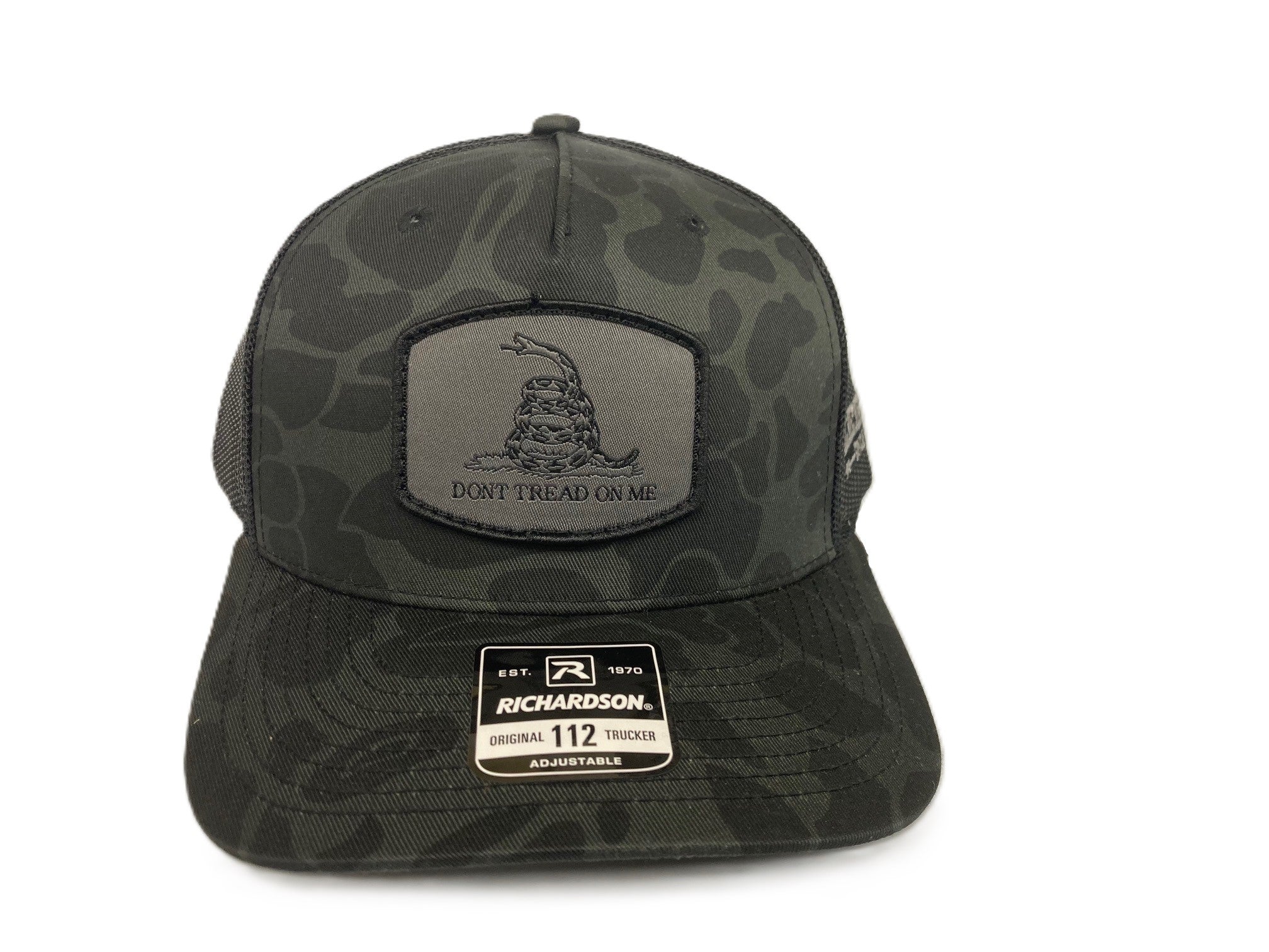 Lebo's Duck Camo Richardson 112 Snapback Trucker Hat with Grey Don't Tread On Me Patch 112PFP-SBDBDTOM