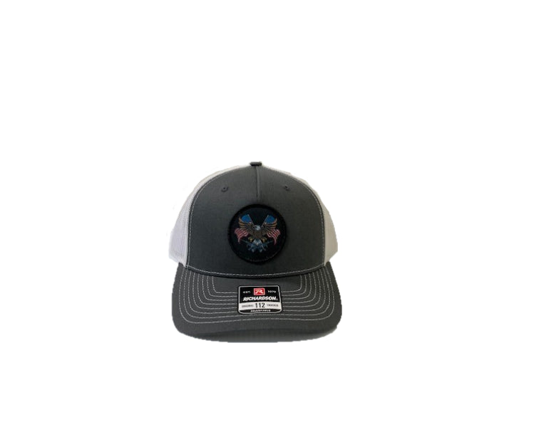 Richardson Charcoal and White 112 Original Trucker Hat with  AR Eagle Patch 112FP-CHW-AREAG